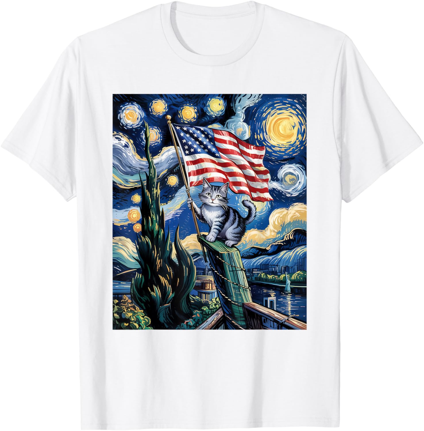 Starry Night Patriotic Cat T-Shirt for 4th of July Celebrate in Style - 6