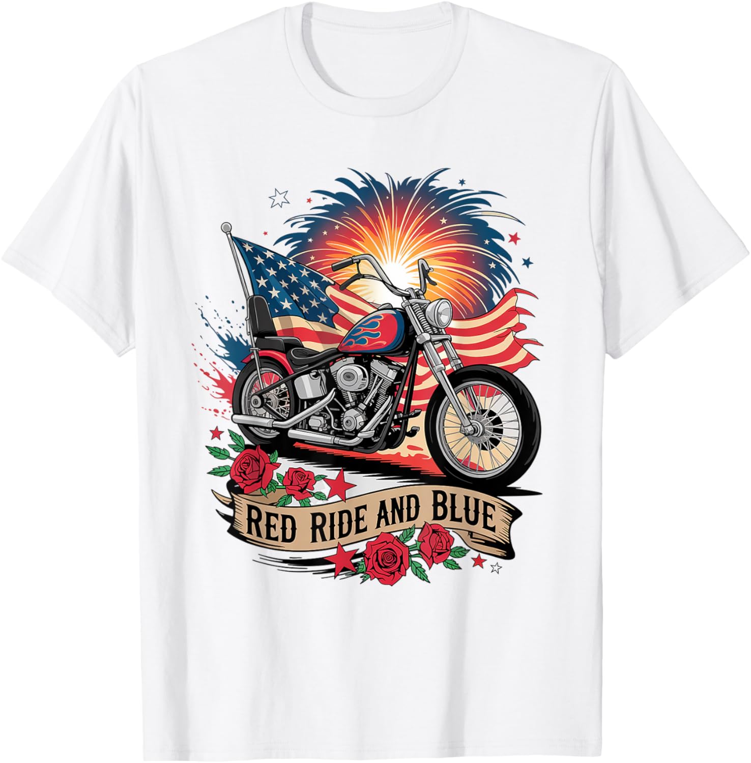 Patriotic USA Biker T-Shirt with Red Ride & Blue American Flag Design - 6