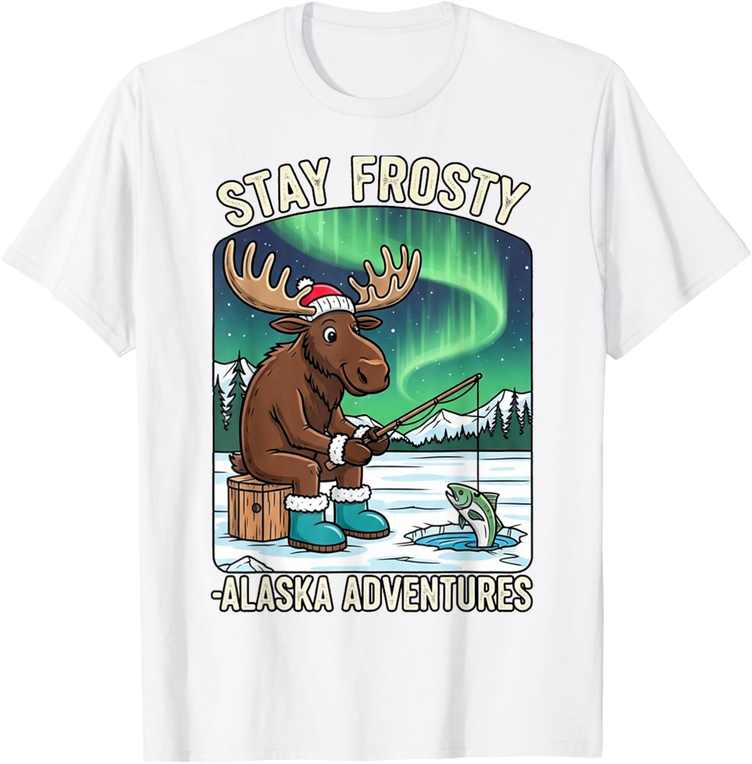Stay Cold Frosty Moose Ice Fishing T-Shirt for Alaska Winter Adventures - 24