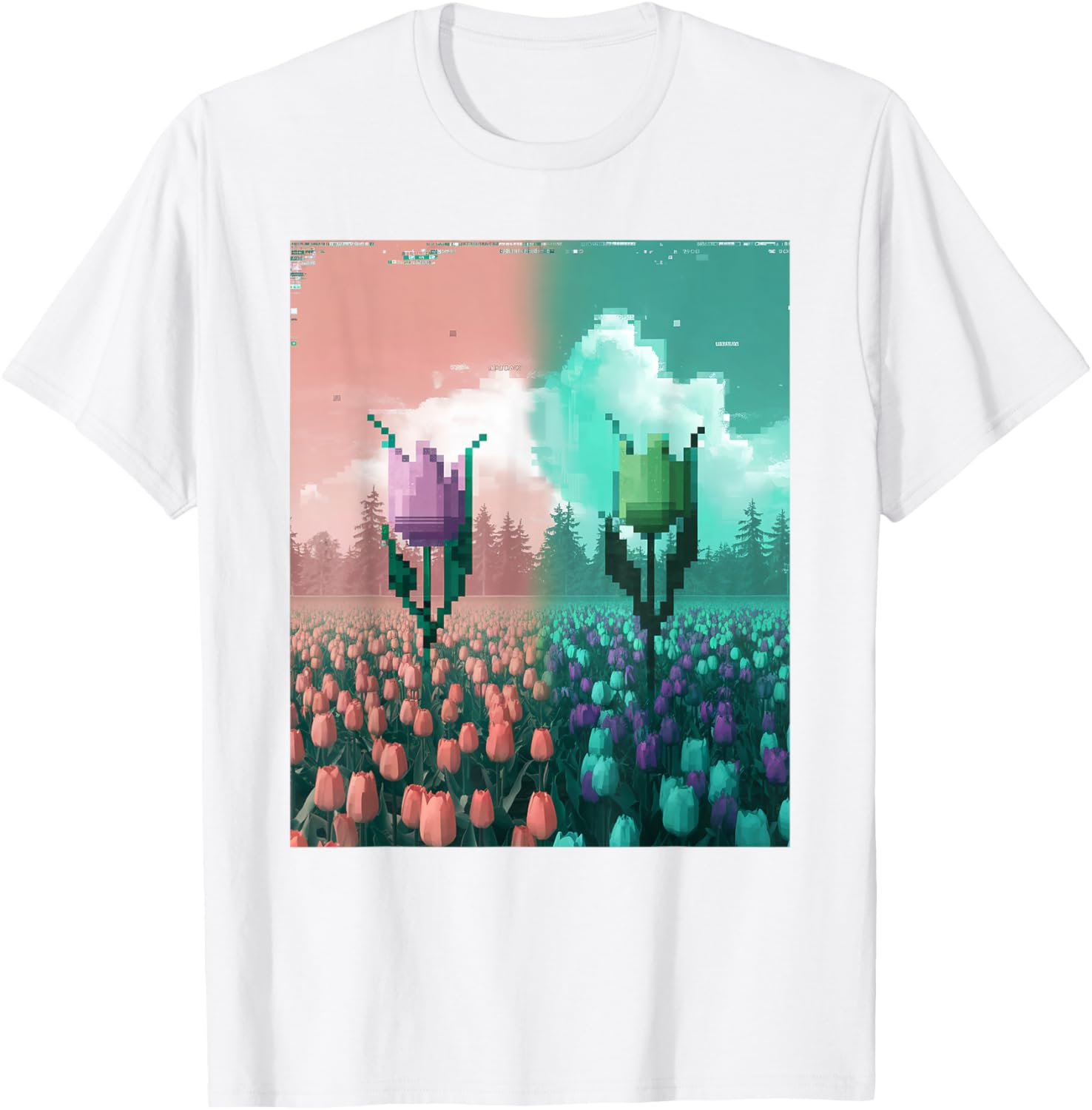 Pixel Tulip Retro Glitch Art T-Shirt for a Vibrant Easter Spring Look - 1