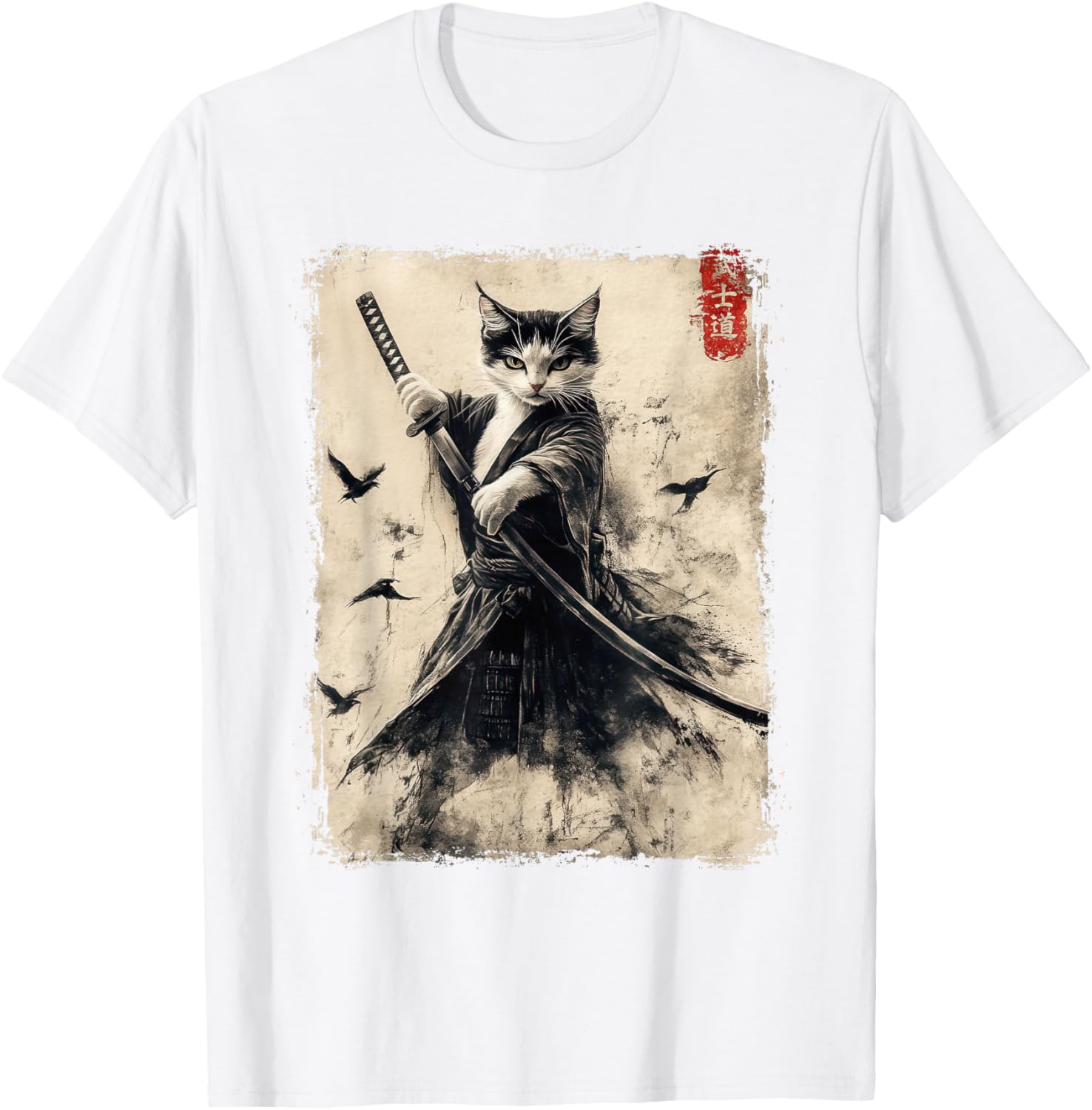 Samurai Cat Vintage Anime Graphic Tee – Cool Japanese Art T-Shirt - 27