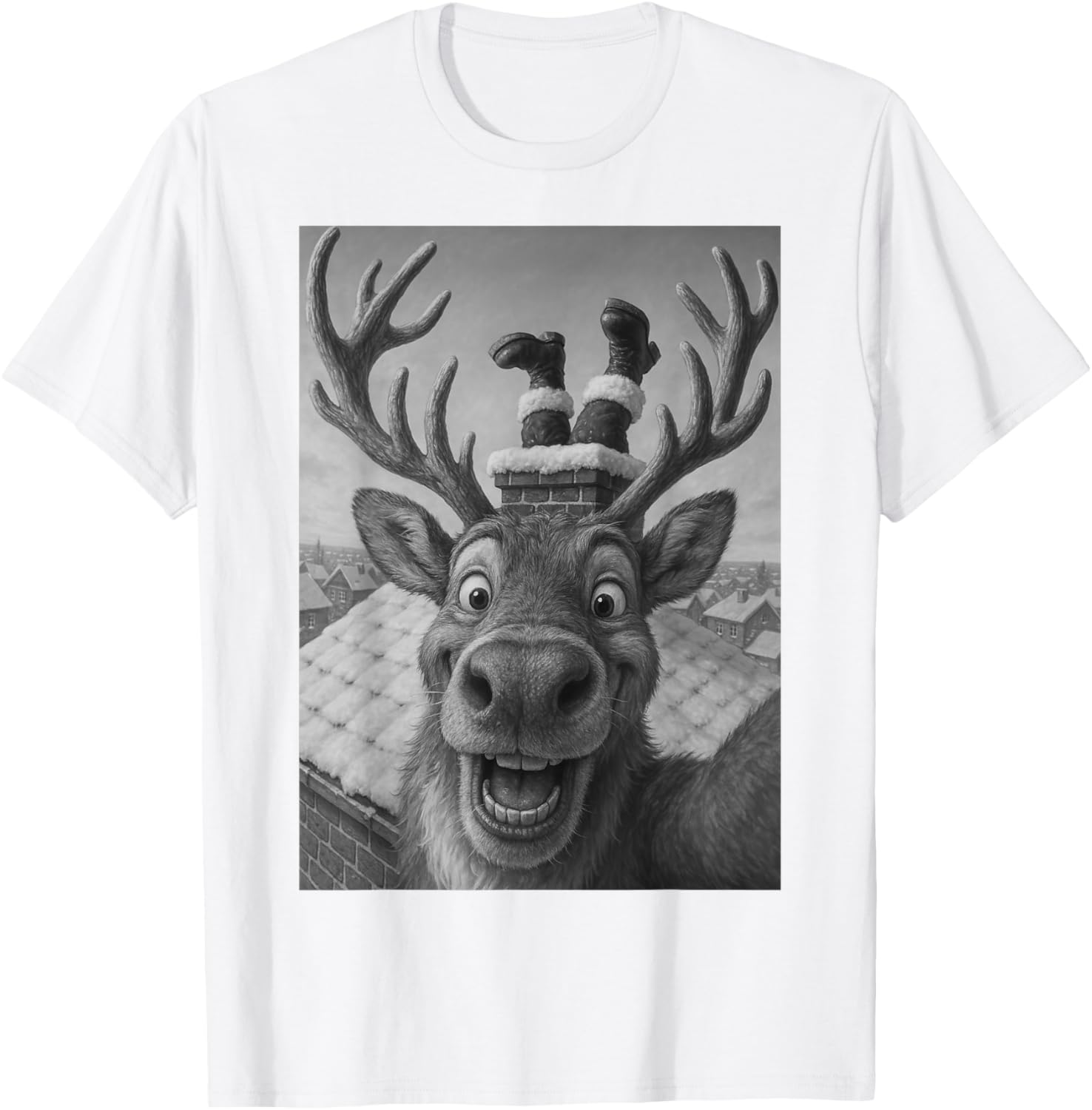 Funny Reindeer Selfie Santa Christmas T-Shirt for Kids and Adults - 1