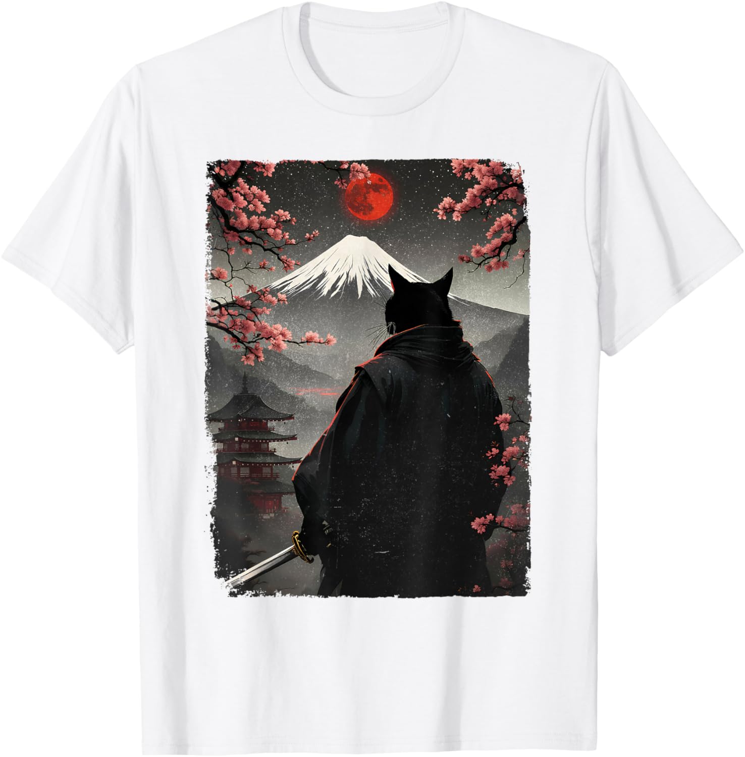 Samurai Cat Warrior Graphic T-Shirt with Blood Moon and Mount Fuji Design - 29