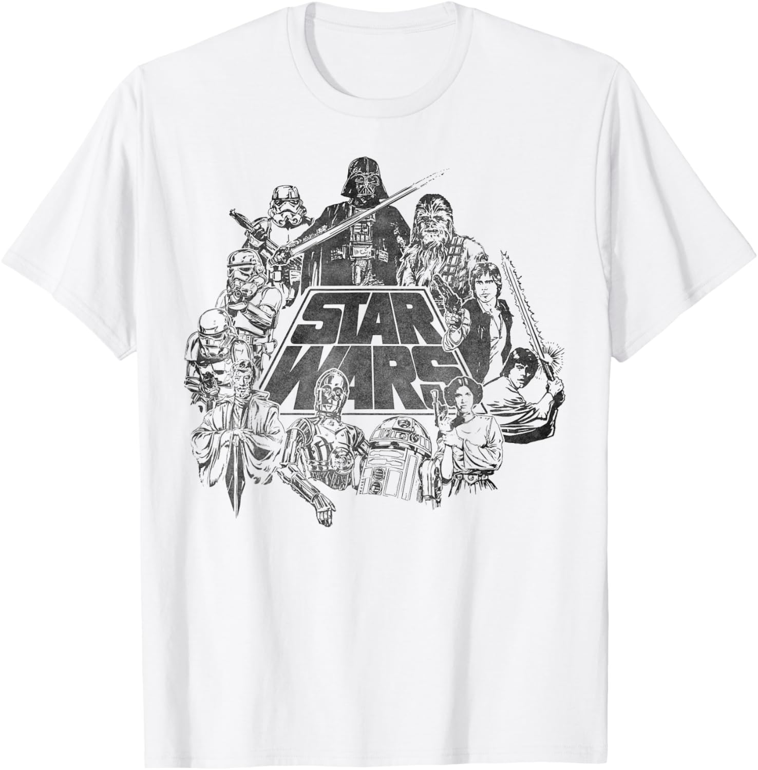 Star Wars Vintage Line Art T-Shirt Featuring Classic Characters - 7