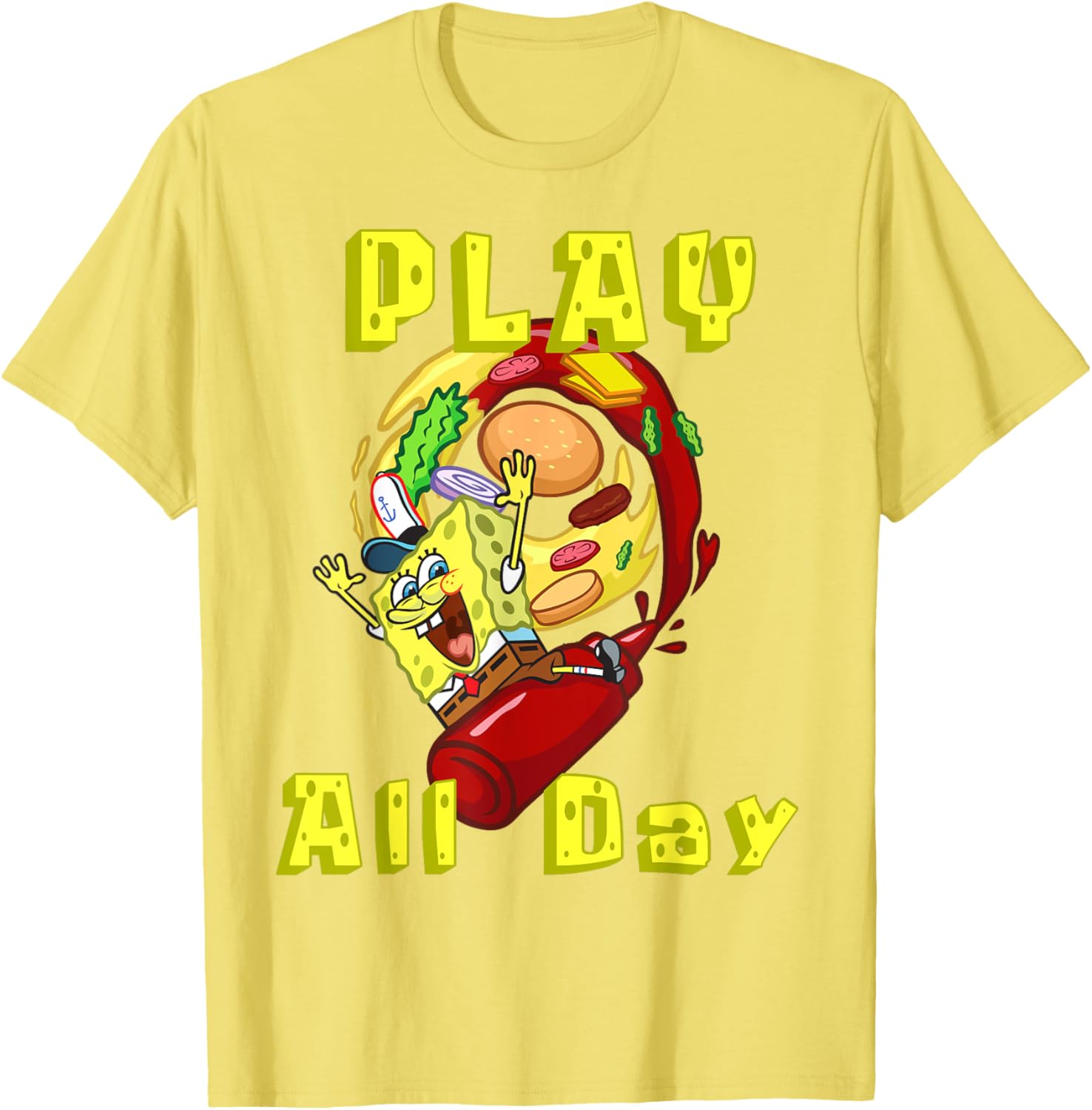SpongeBob Play All Day T-Shirt with Fun Burger Ketchup Design - 1
