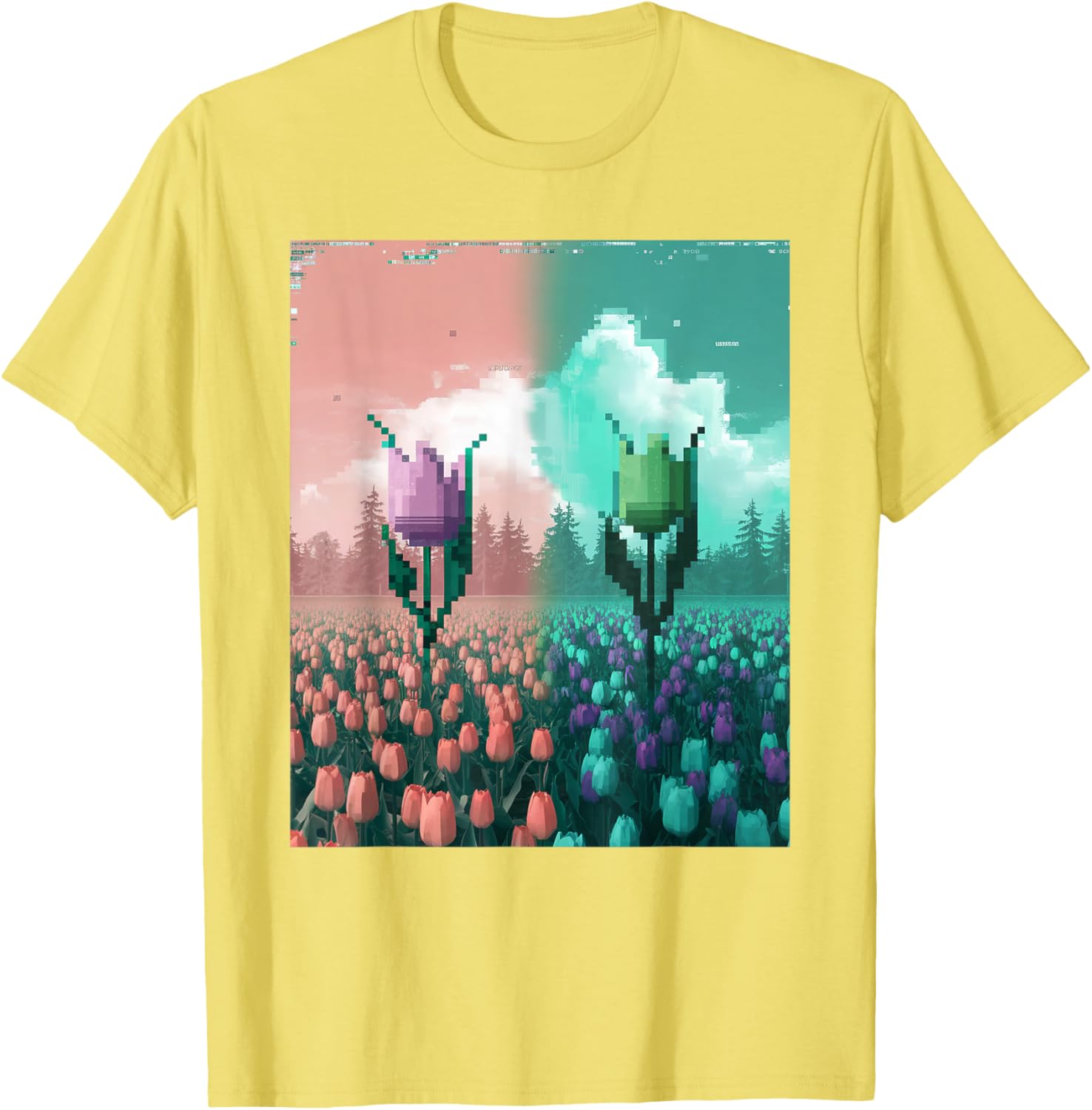 Pixel Tulip Retro Glitch Art T-Shirt for a Vibrant Easter Spring Look - 8