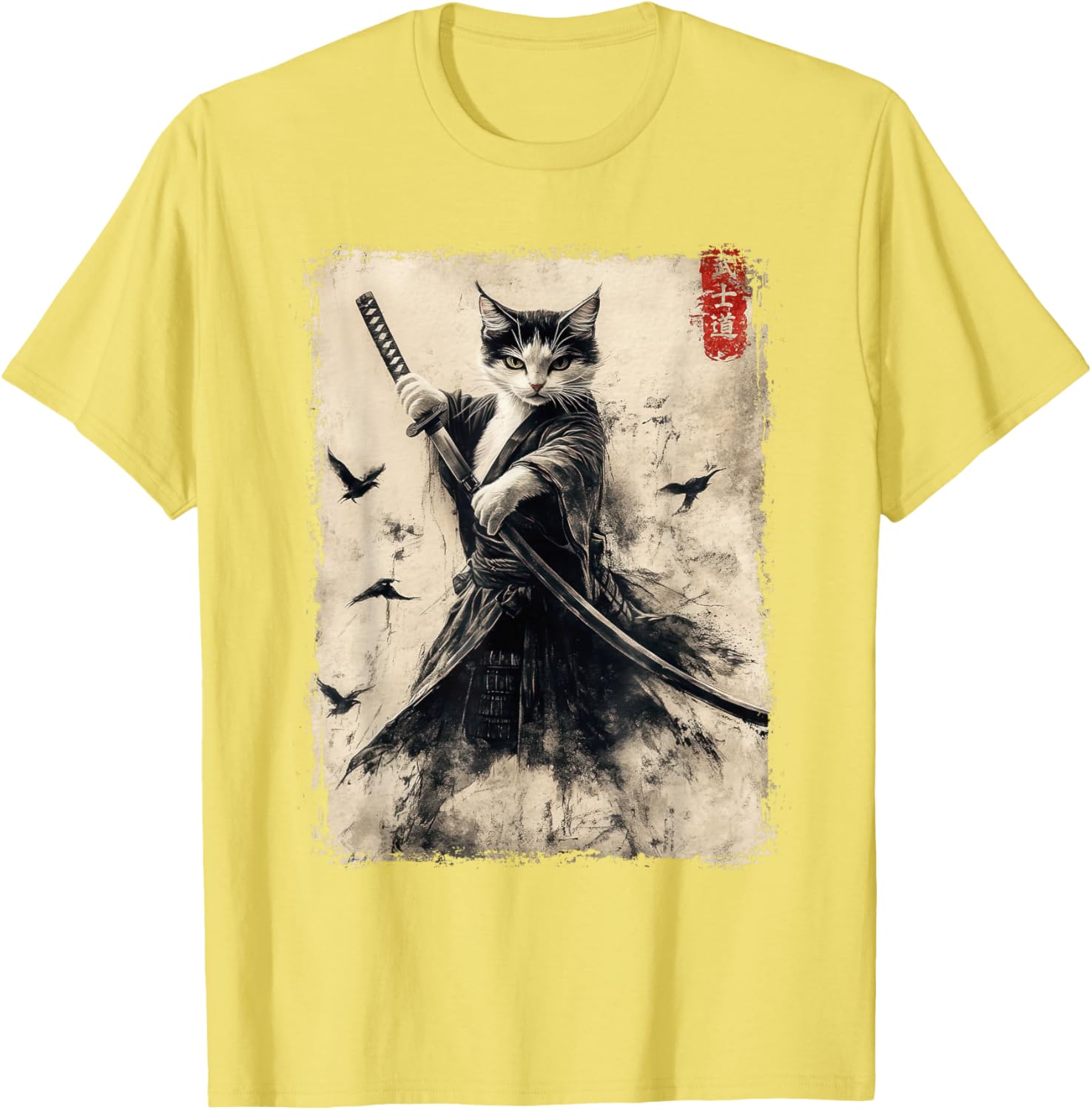 Samurai Cat Vintage Anime Graphic Tee – Cool Japanese Art T-Shirt - 13