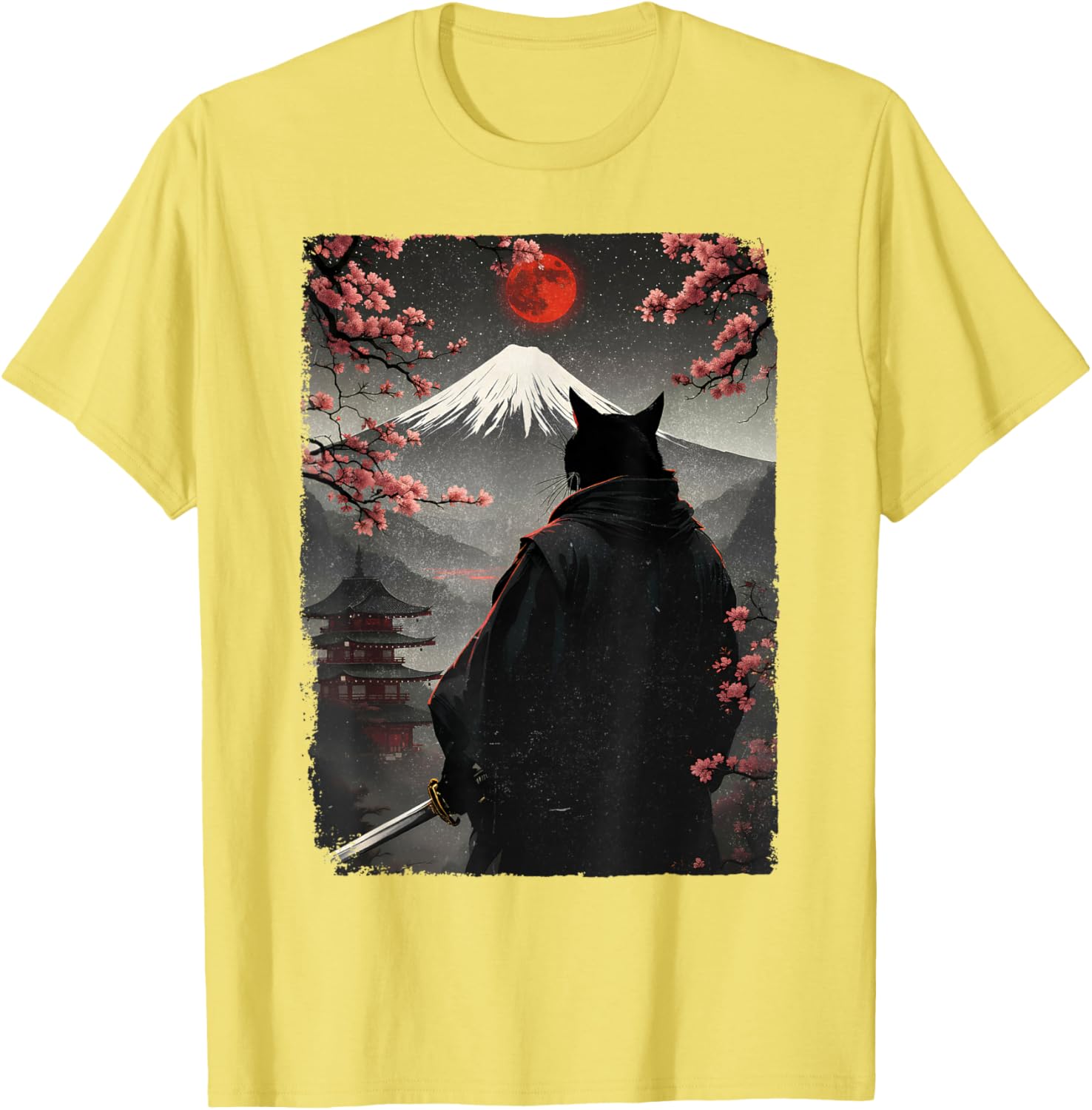 Samurai Cat Warrior Graphic T-Shirt with Blood Moon and Mount Fuji Design - 26