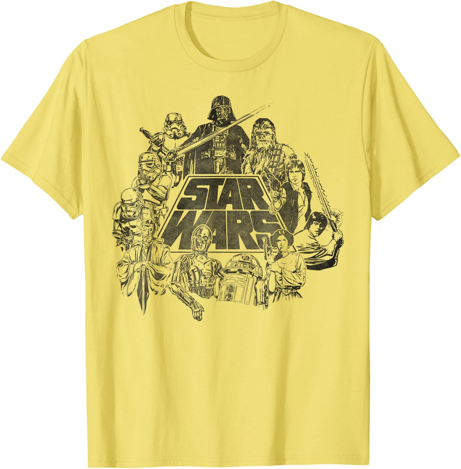 Star Wars Vintage Line Art T-Shirt Featuring Classic Characters - 1
