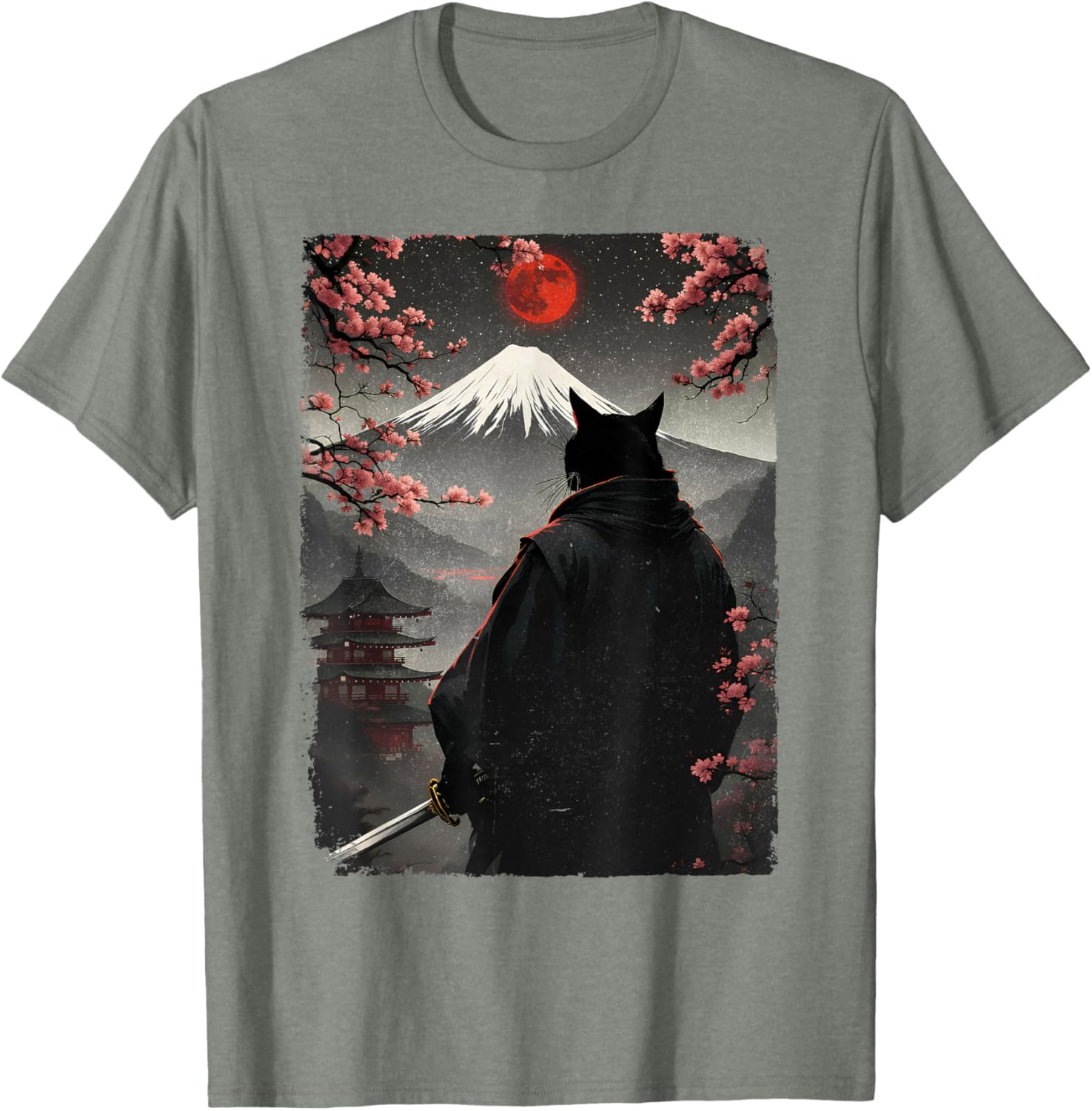 Samurai Cat Warrior Graphic T-Shirt with Blood Moon and Mount Fuji Design - 11