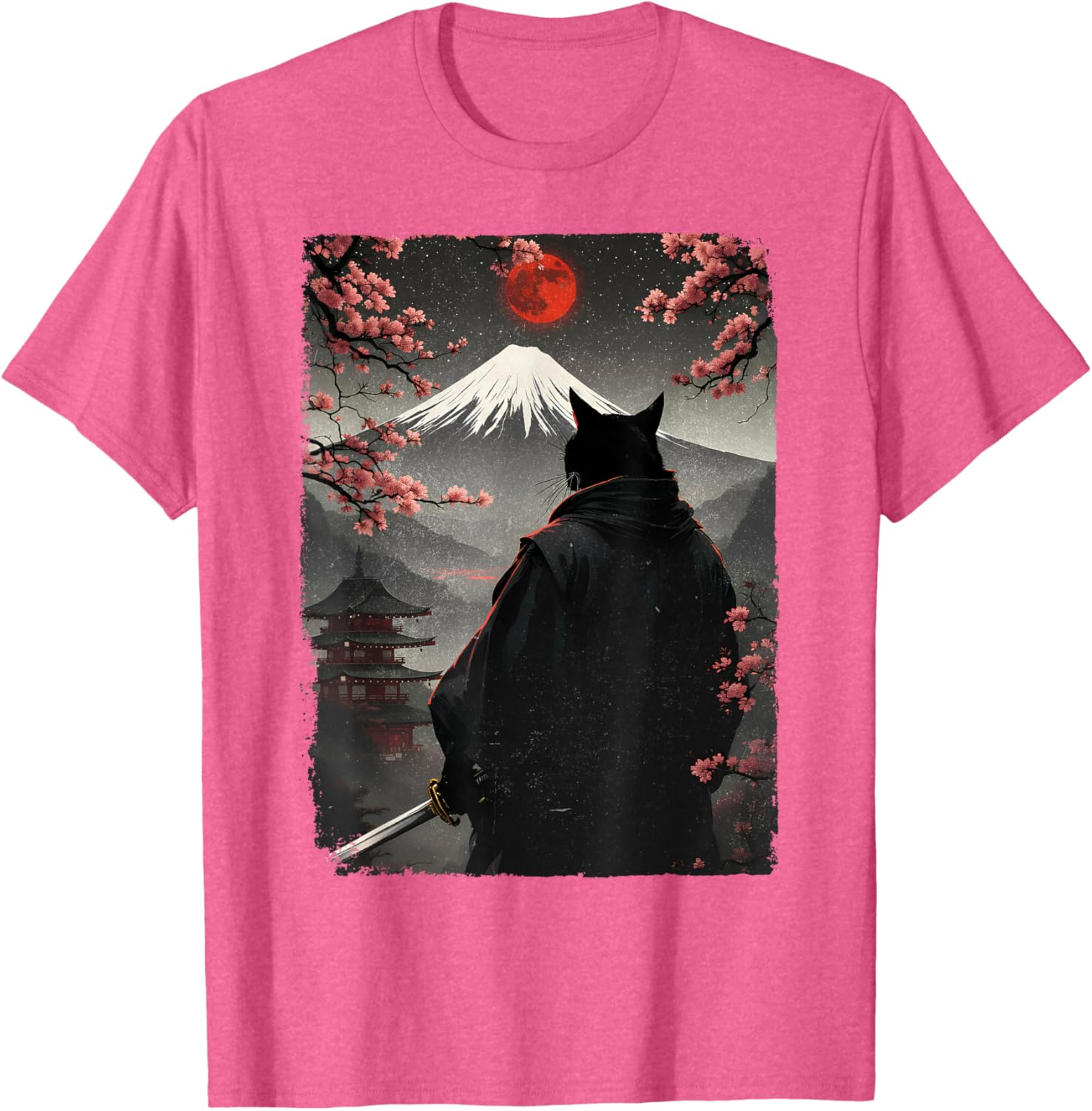 Samurai Cat Warrior Graphic T-Shirt with Blood Moon and Mount Fuji Design - 19