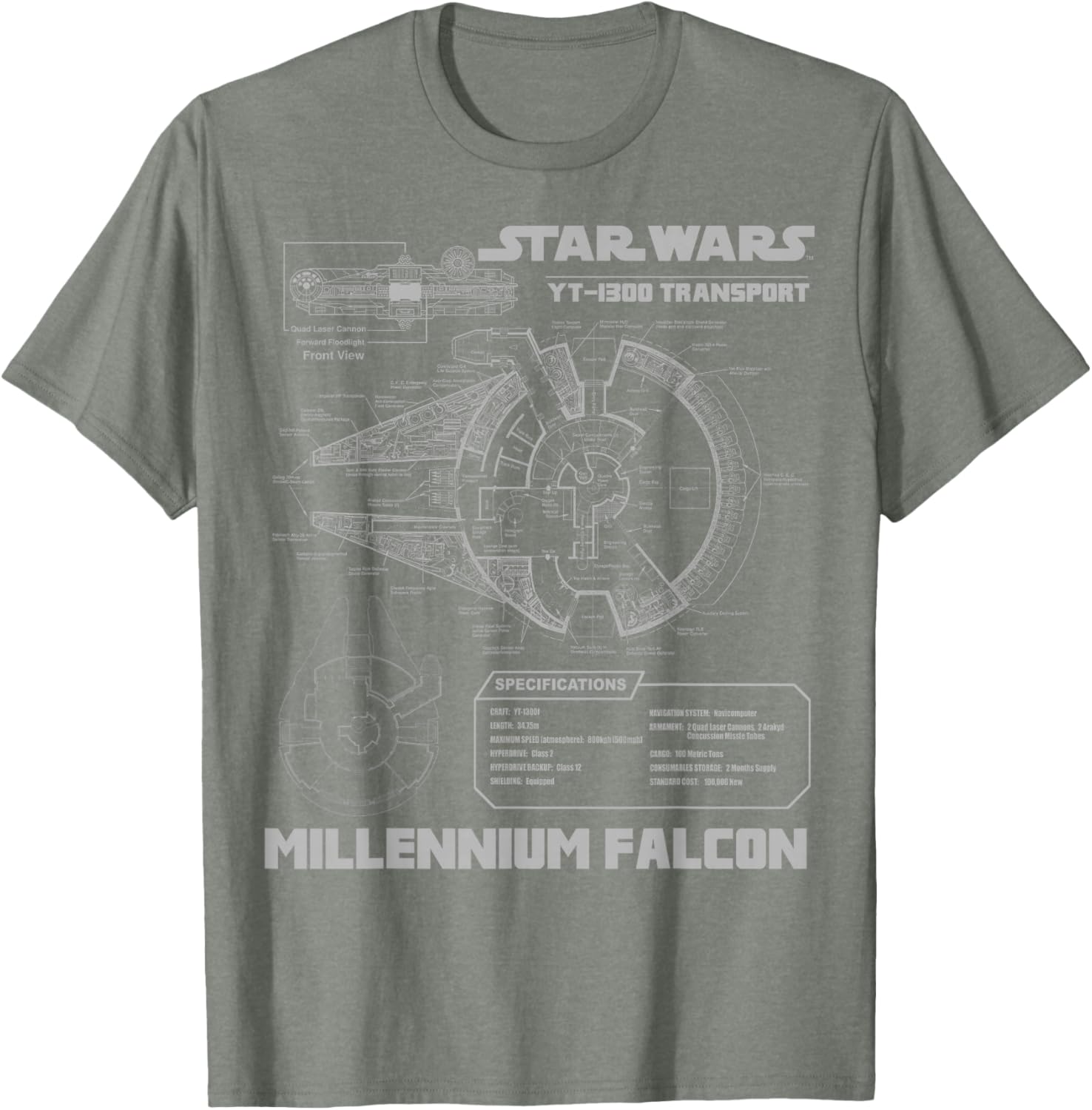 Star Wars Millennium Falcon Grey Schematics Graphic T-Shirt for Fans - 10