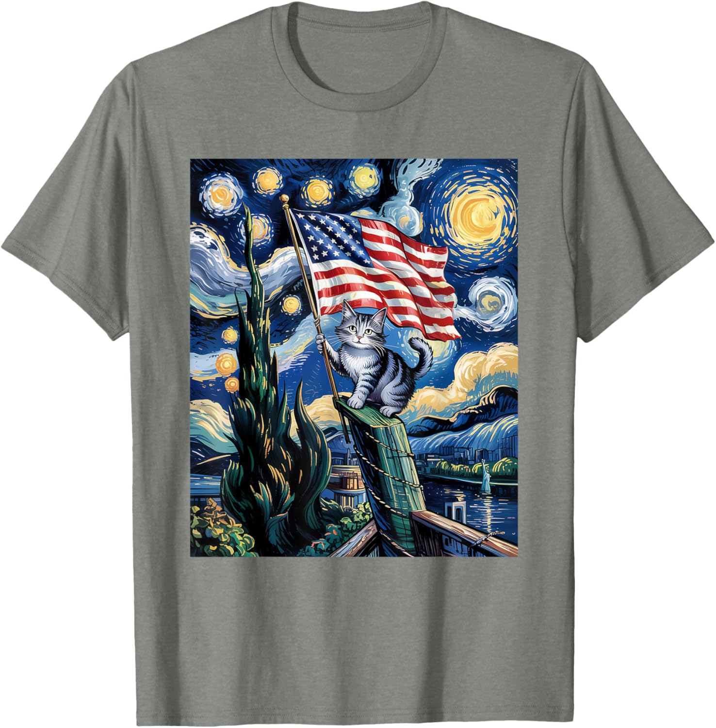 Starry Night Patriotic Cat T-Shirt for 4th of July Celebrate in Style - 4