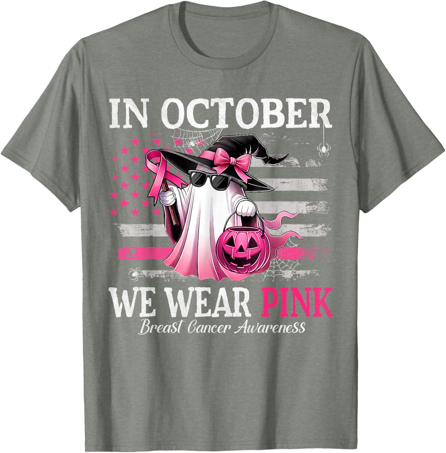 October Breast Cancer Awareness T-Shirt with Pink Ghost Witch Design - 5