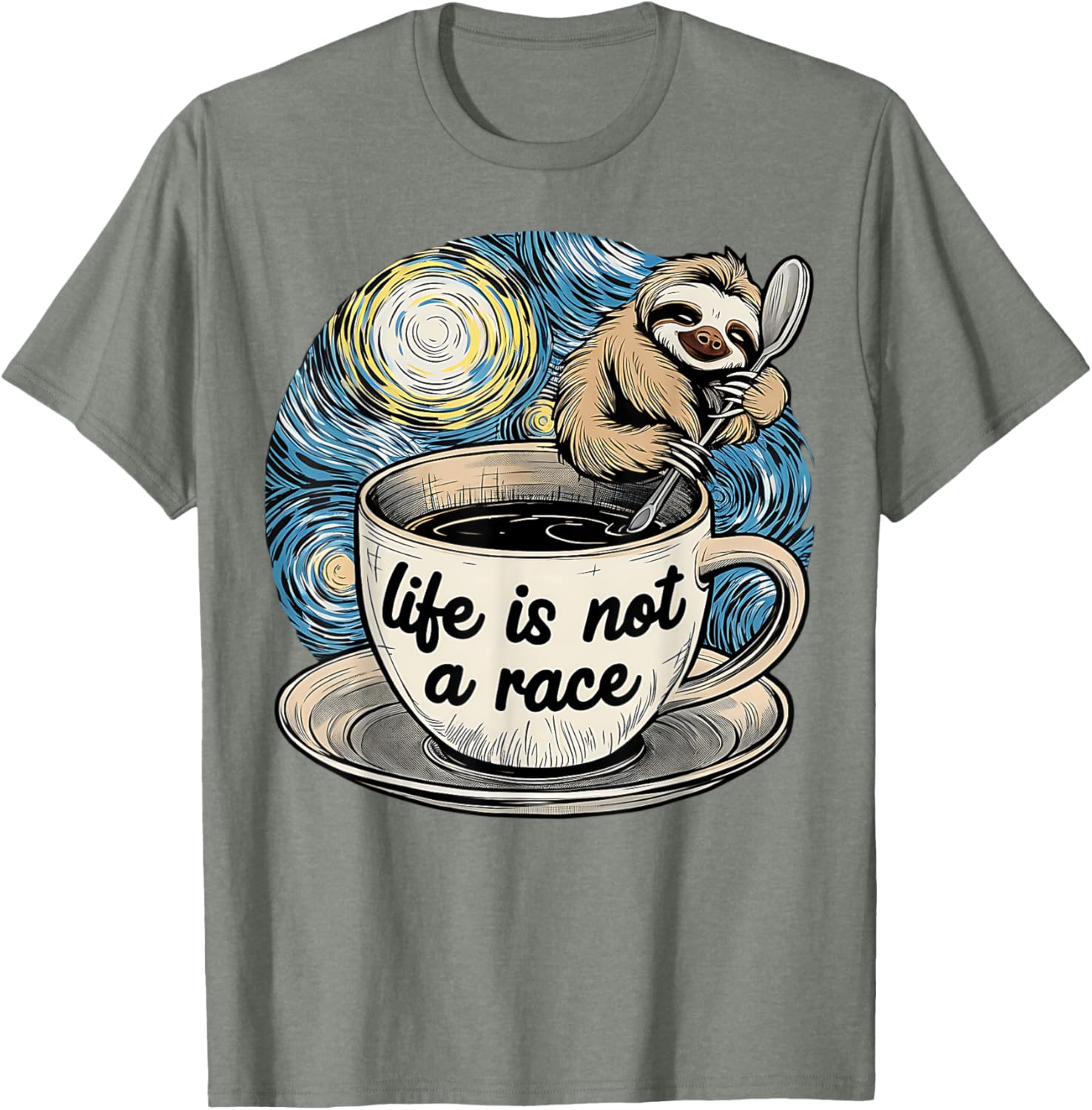 Van Gogh Starry Night Sloth Coffee T-Shirt Life Is Not A Race - 14