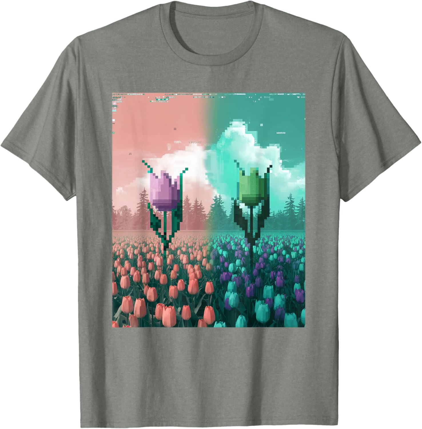 Pixel Tulip Retro Glitch Art T-Shirt for a Vibrant Easter Spring Look - 10