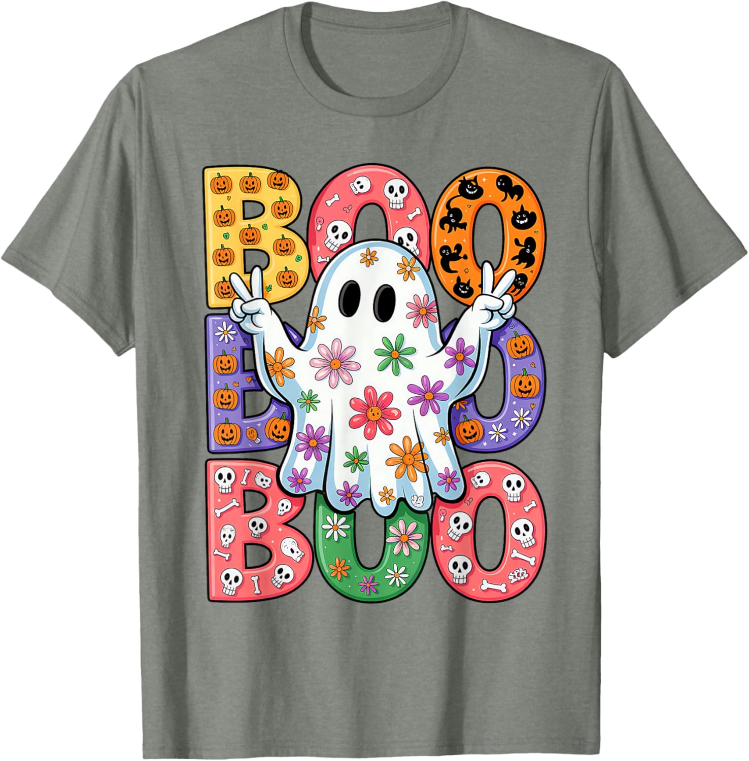 Cute Ghost Floral Halloween T-Shirt for Kids - Spooky Season Fun - 13