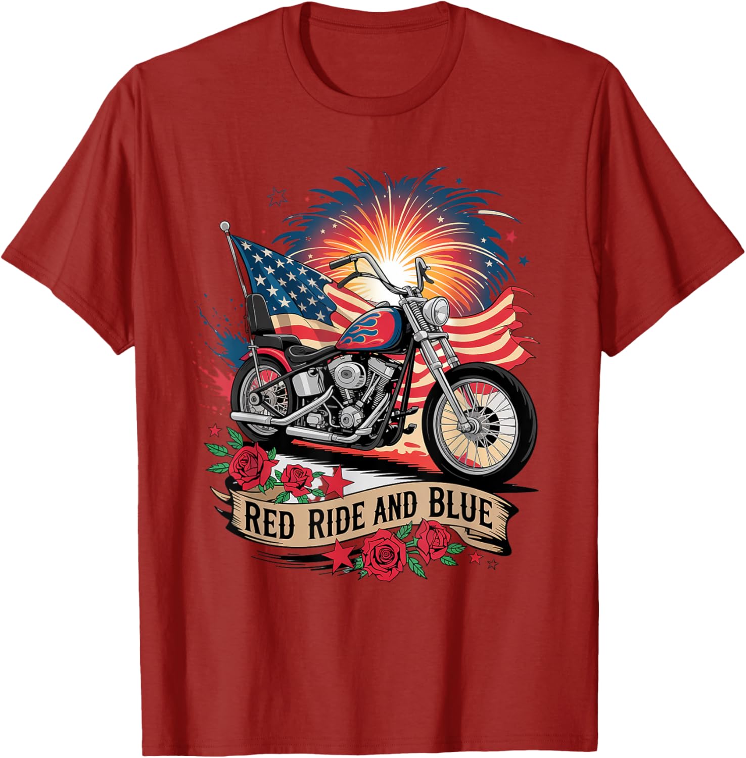 Patriotic USA Biker T-Shirt with Red Ride & Blue American Flag Design - 4