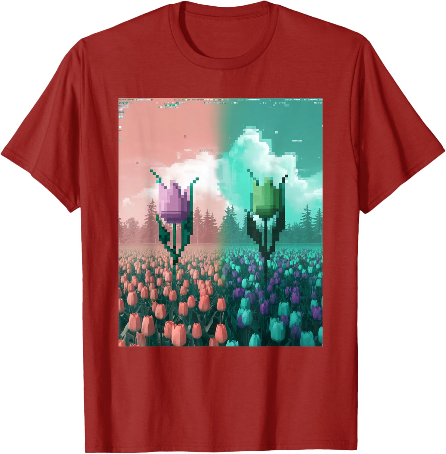 Pixel Tulip Retro Glitch Art T-Shirt for a Vibrant Easter Spring Look - 13