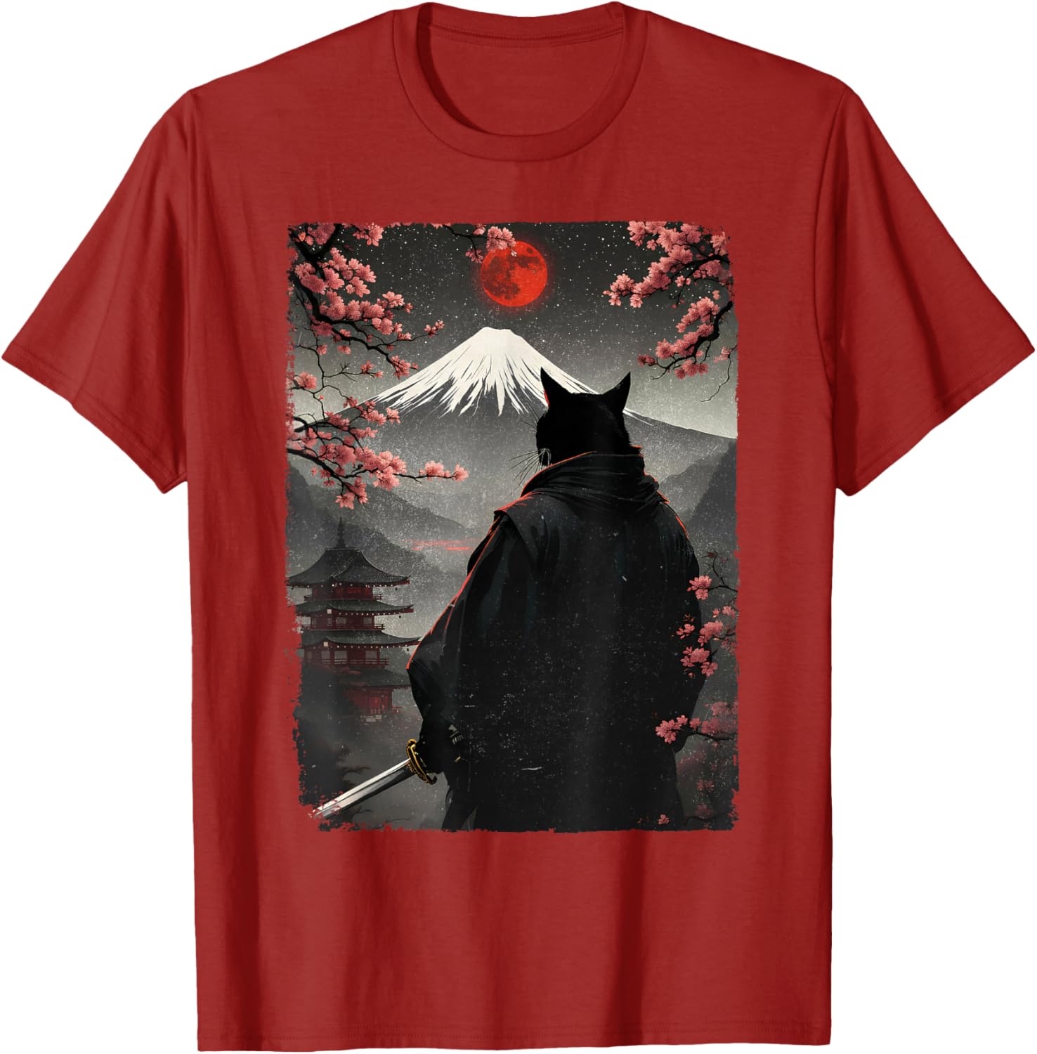 Samurai Cat Warrior Graphic T-Shirt with Blood Moon and Mount Fuji Design - 2