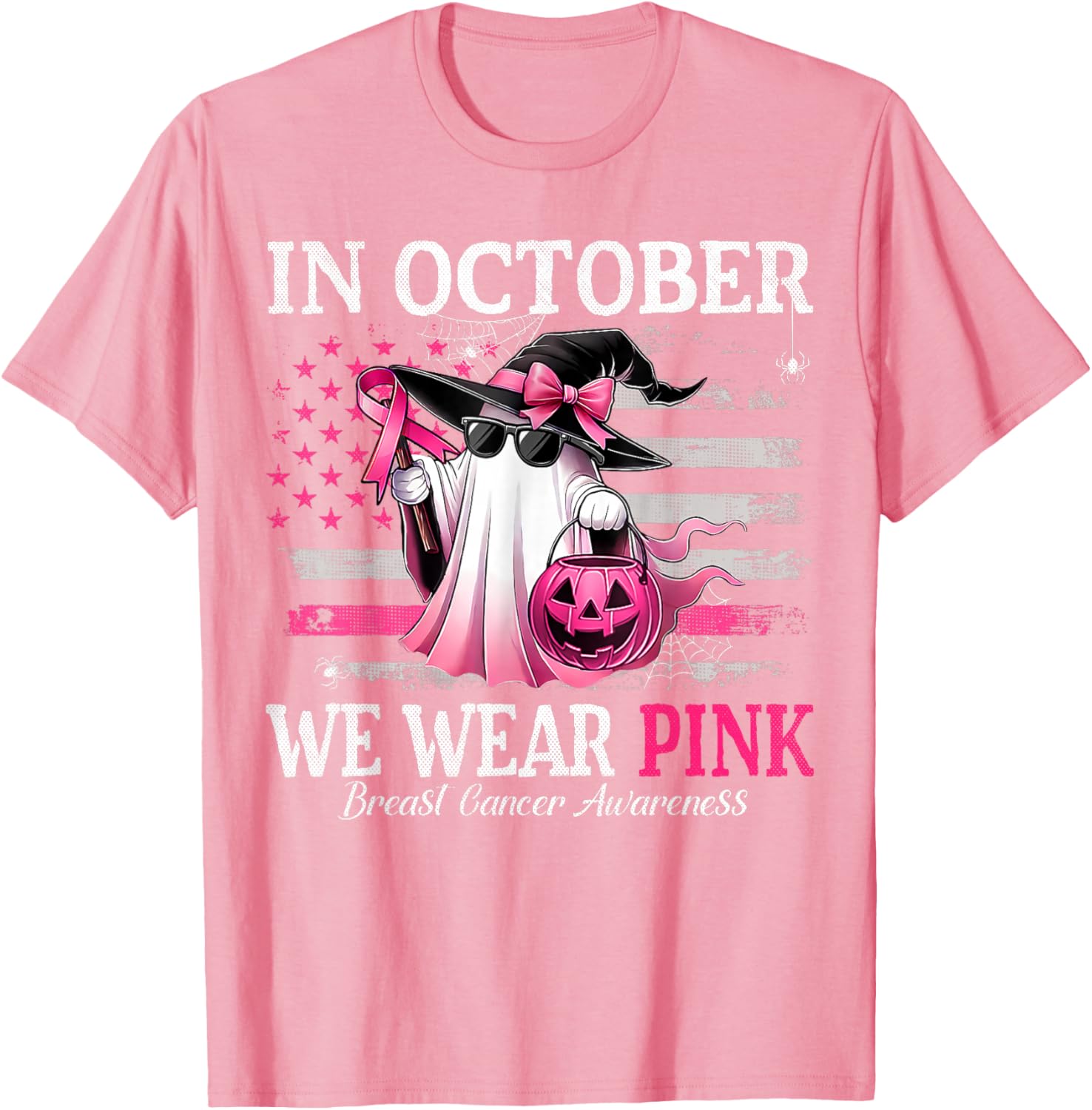 October Breast Cancer Awareness T-Shirt with Pink Ghost Witch Design - 4