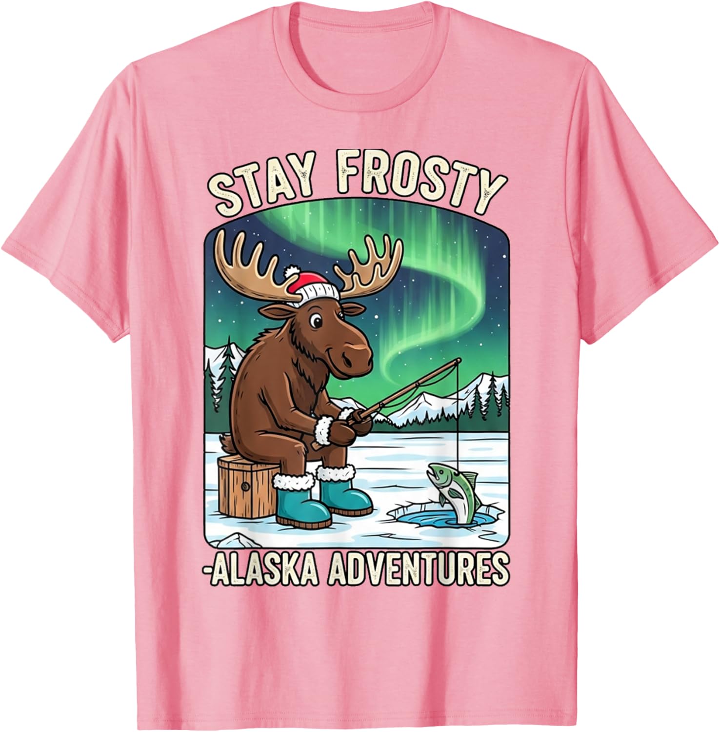 Stay Cold Frosty Moose Ice Fishing T-Shirt for Alaska Winter Adventures - 13