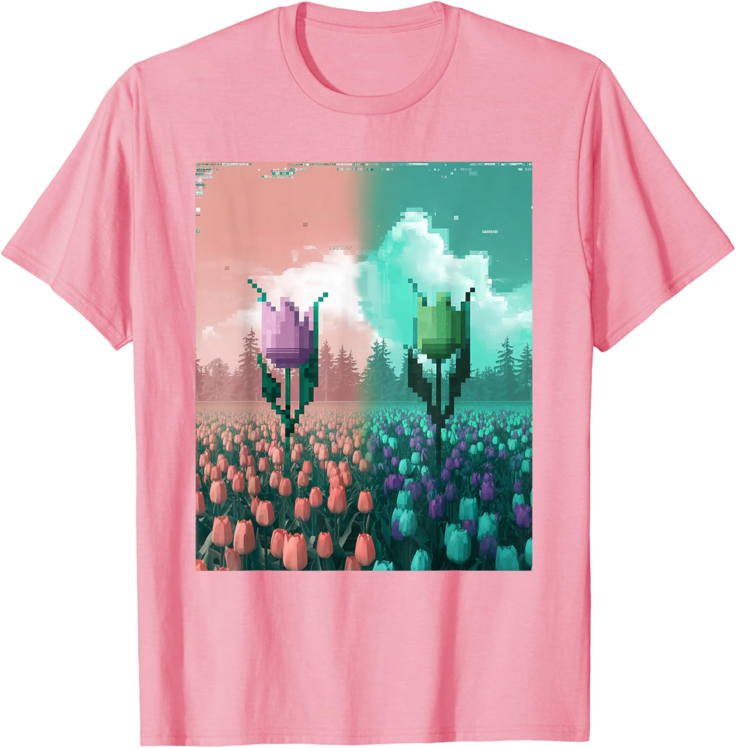 Pixel Tulip Retro Glitch Art T-Shirt for a Vibrant Easter Spring Look - 26