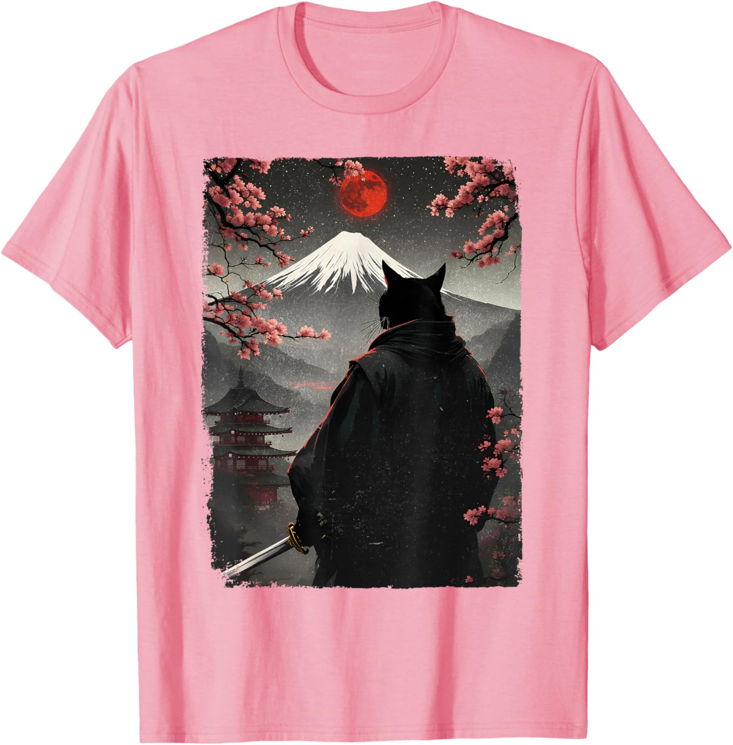 Samurai Cat Warrior Graphic T-Shirt with Blood Moon and Mount Fuji Design - 3