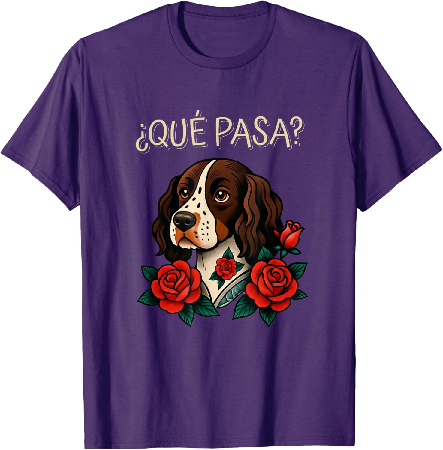 Que Pasa English Springer Spaniel Roses Tattoo Style T-Shirt for Dog Lovers - 1