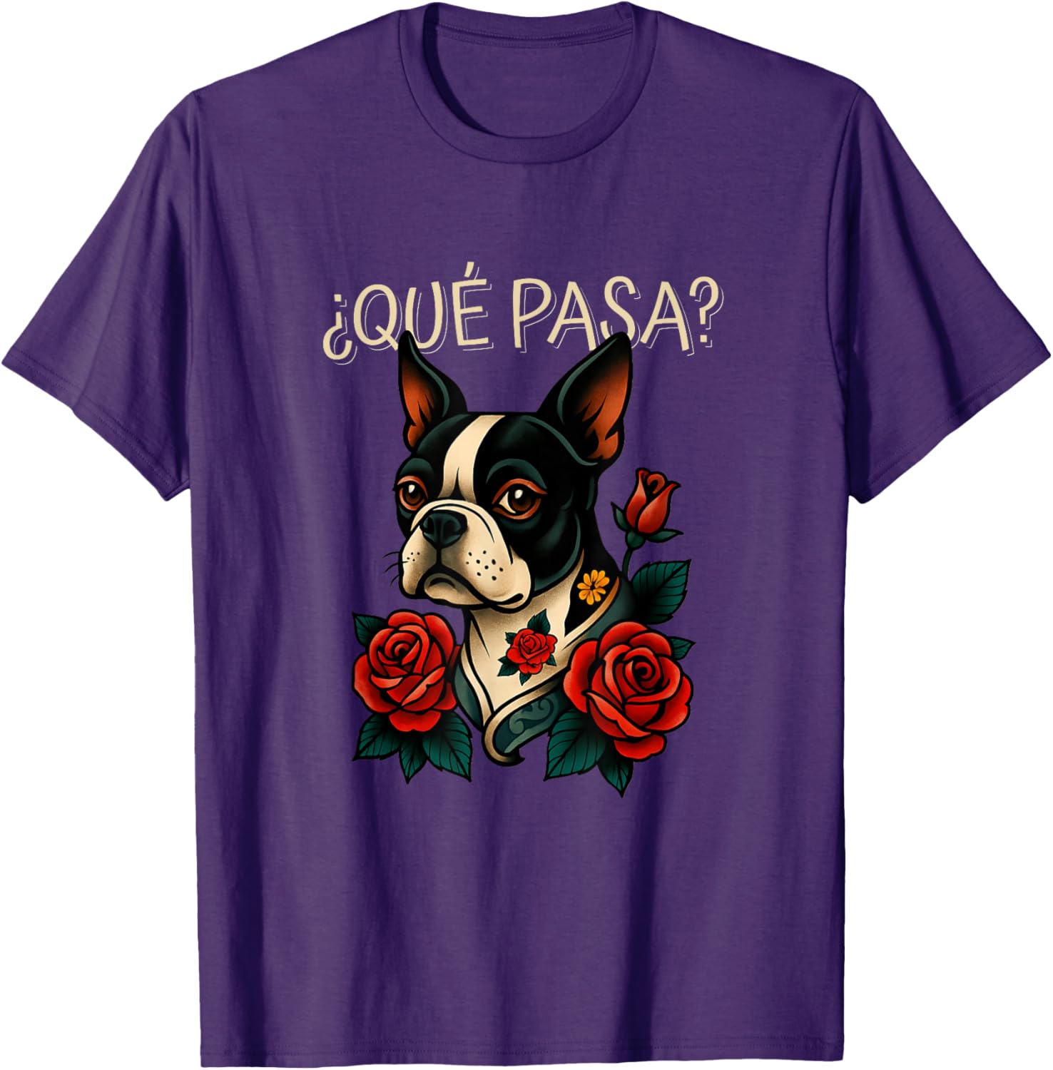 Que Pasa Boston Terrier Roses Tattoo Style T-Shirt for Dog Lovers - 2
