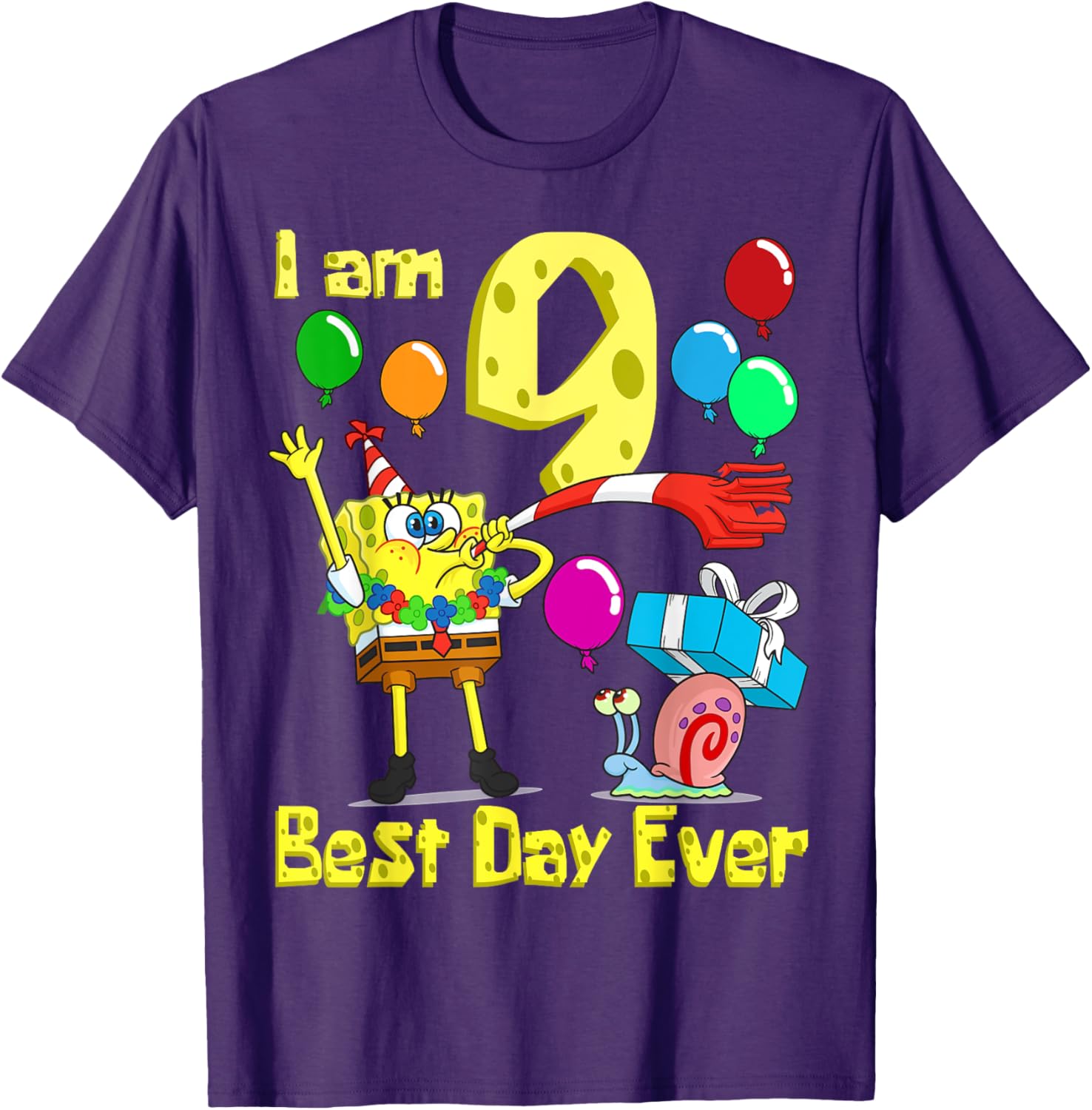 SpongeBob I Am 9 Years Old Birthday Party T-Shirt for Kids Fun Gift - 6