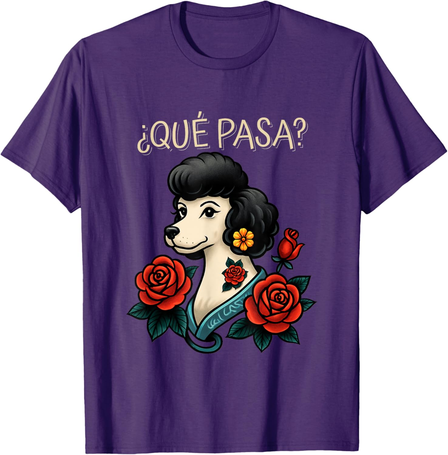Que Pasa Poodle Roses Tattoo Style T-Shirt for Dog Lovers and Fashionistas - 3