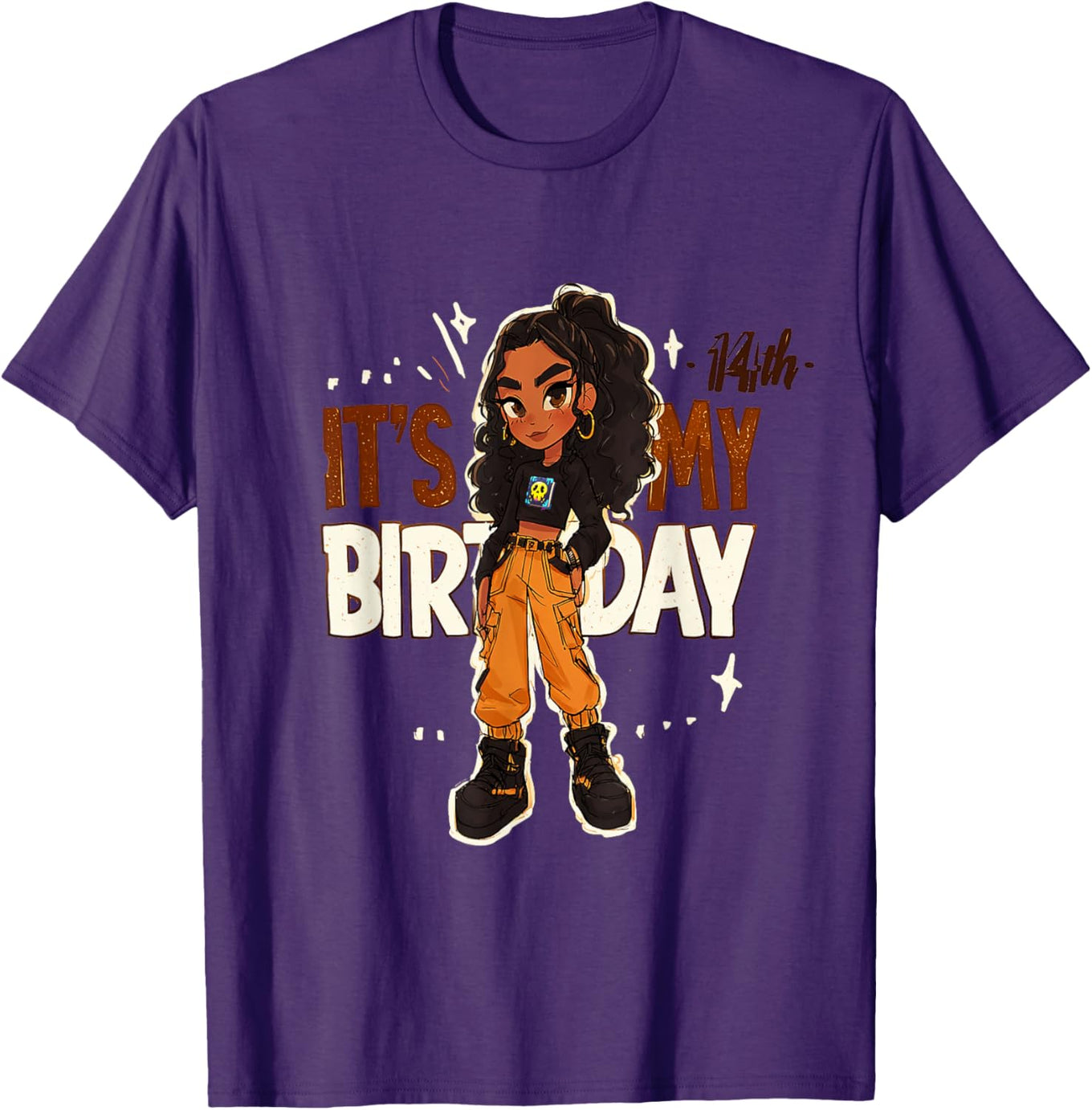 14th Birthday Girl Outfit with Cargo Pants and Curly Hair Art T-Shirt - 1