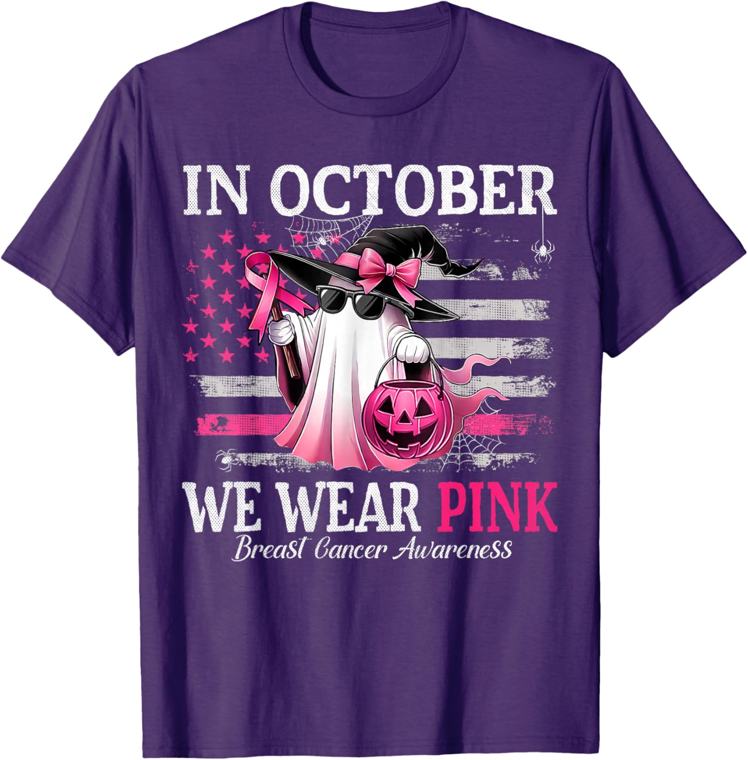 October Breast Cancer Awareness T-Shirt with Pink Ghost Witch Design - 2