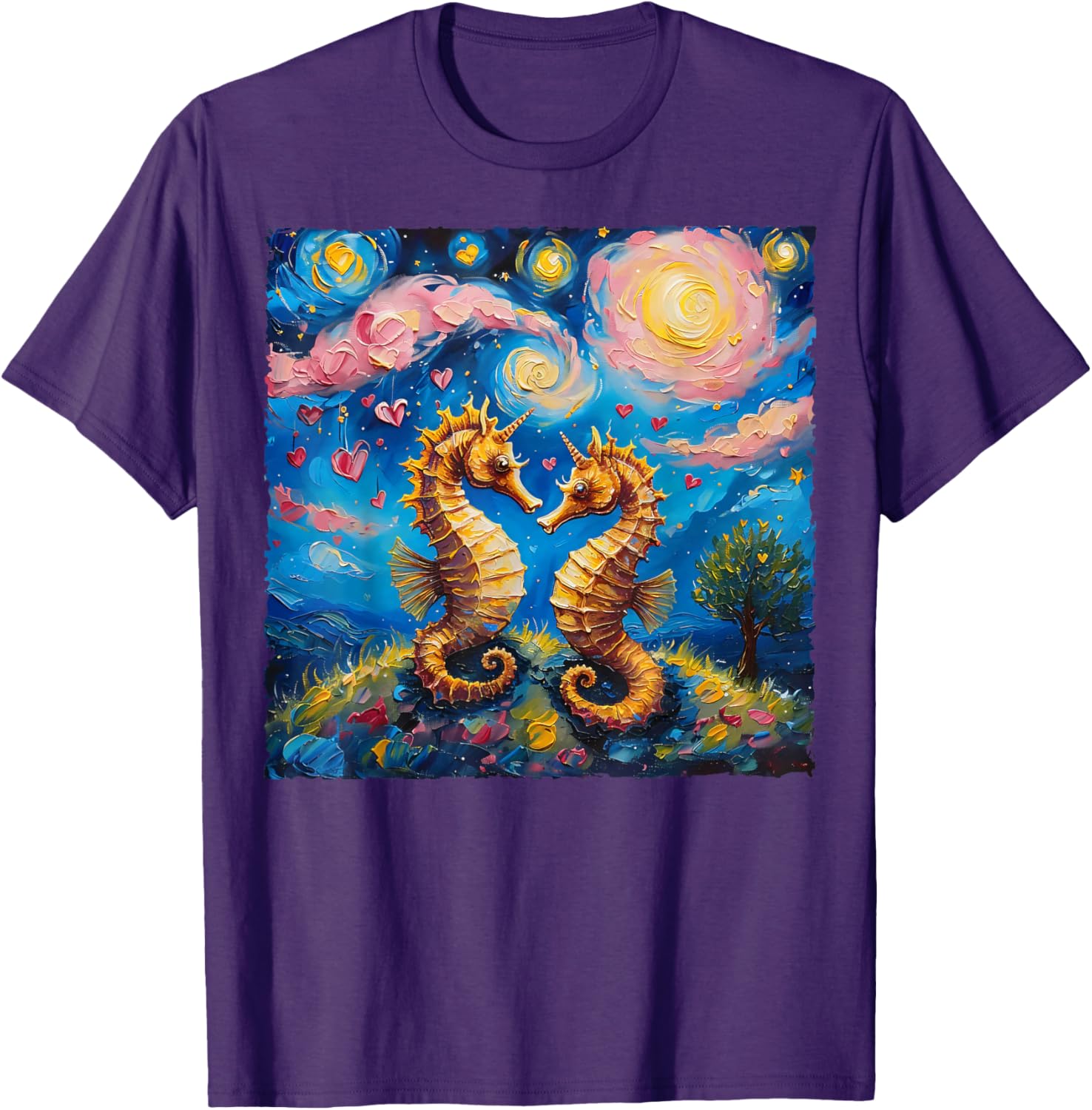 Seahorse Van Gogh Starry Night Couples T-Shirt for Valentine's Day Gift - 1