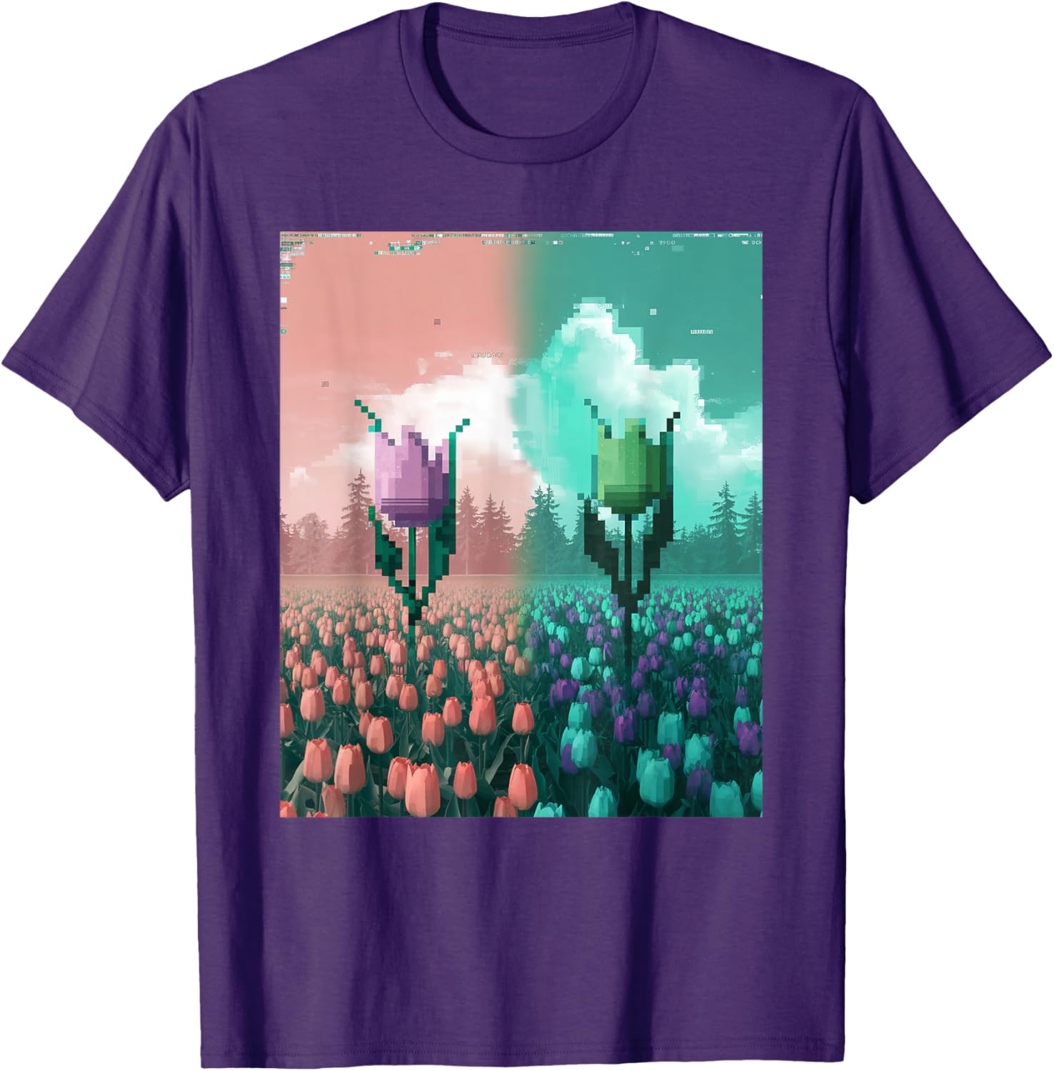 Pixel Tulip Retro Glitch Art T-Shirt for a Vibrant Easter Spring Look - 20