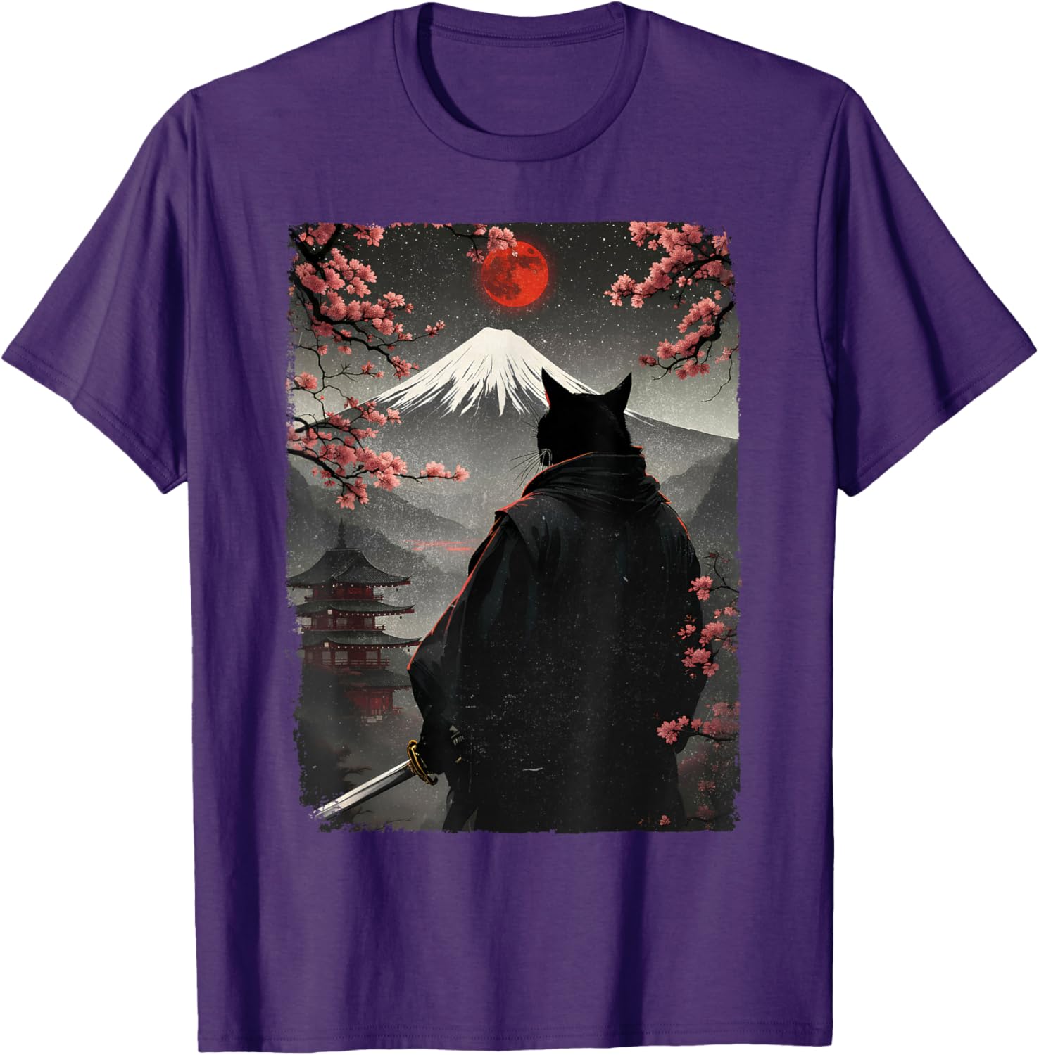 Samurai Cat Warrior Graphic T-Shirt with Blood Moon and Mount Fuji Design - 18