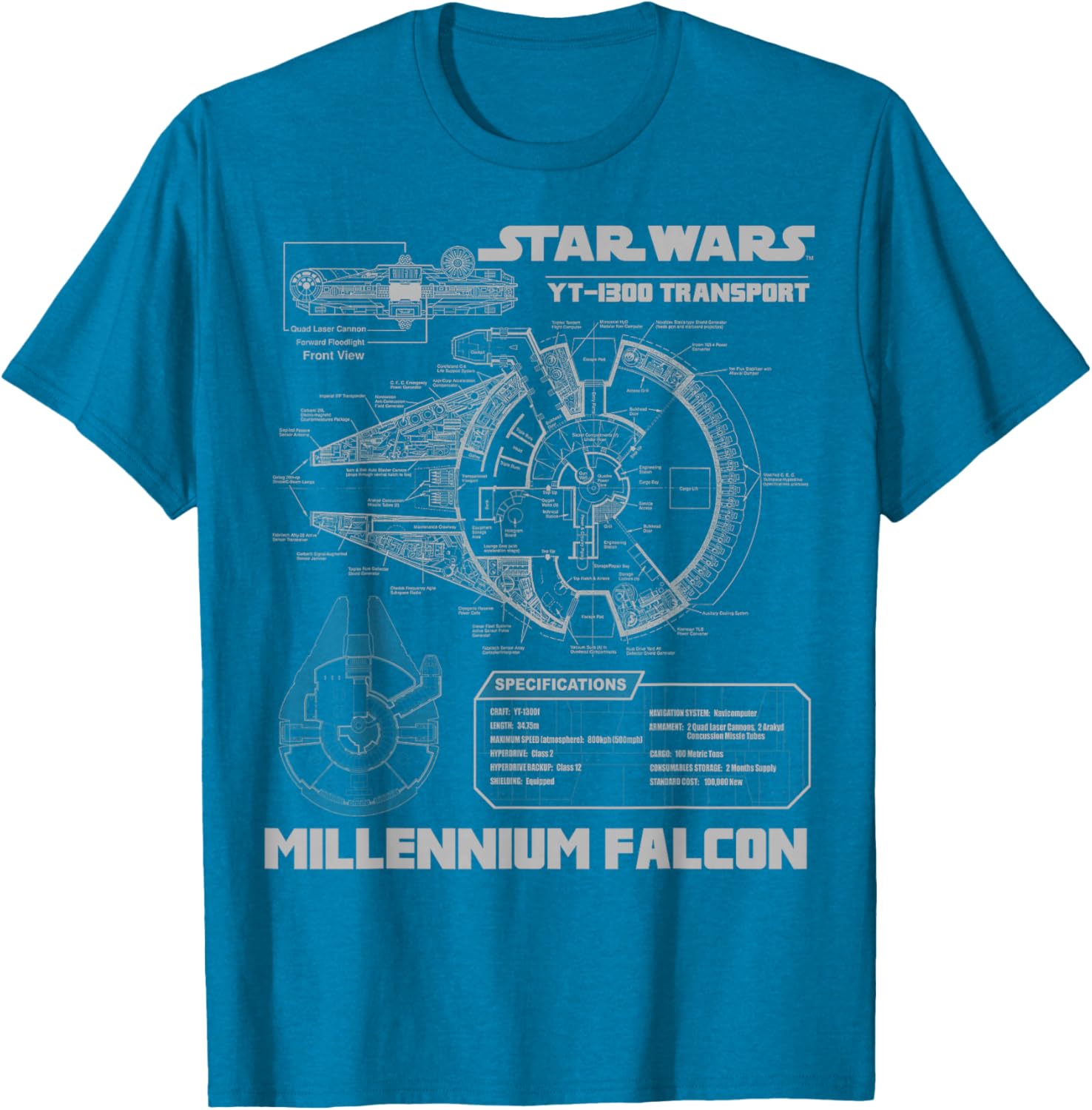 Star Wars Millennium Falcon Grey Schematics Graphic T-Shirt for Fans - 5