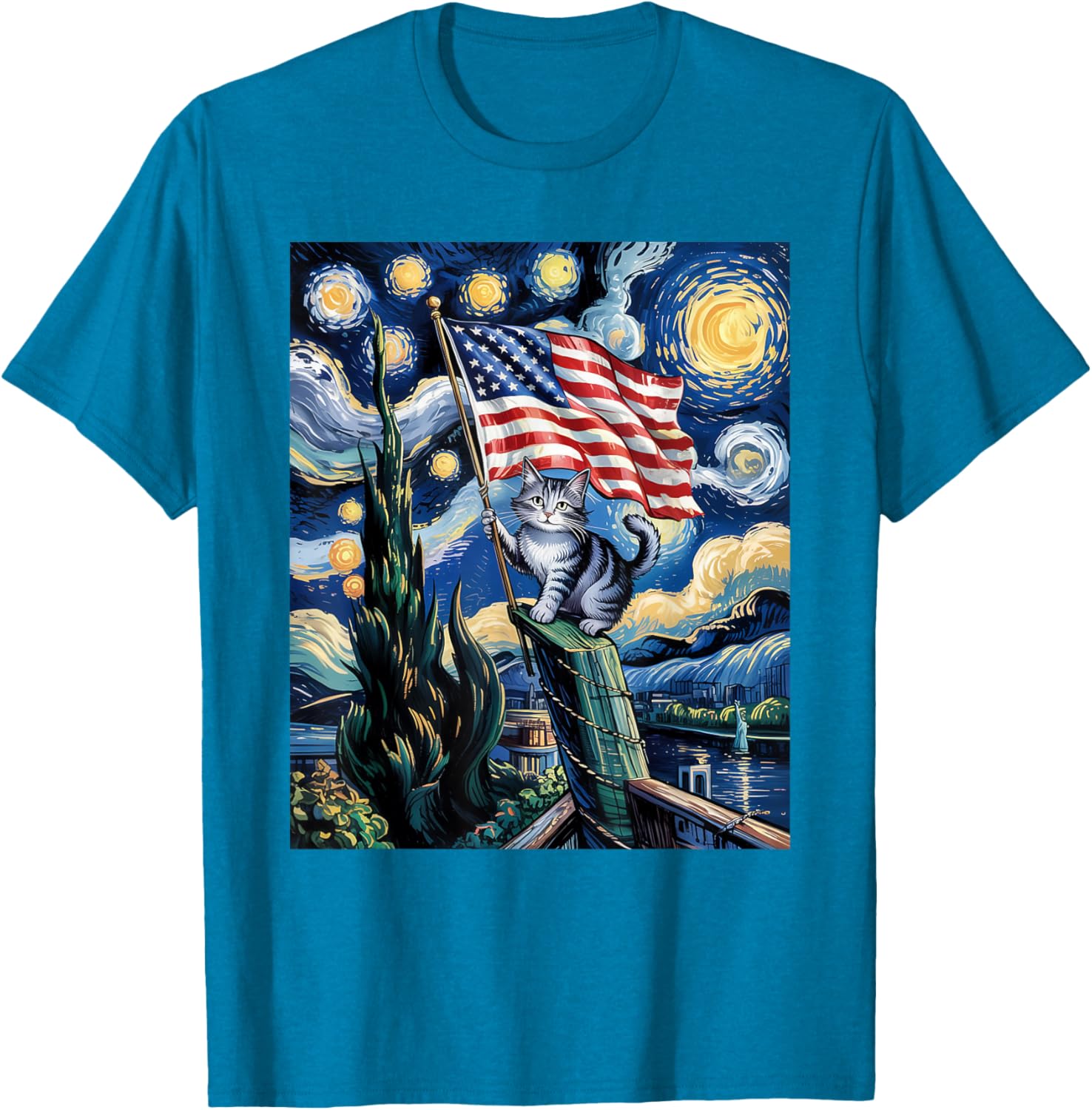 Starry Night Patriotic Cat T-Shirt for 4th of July Celebrate in Style - 14