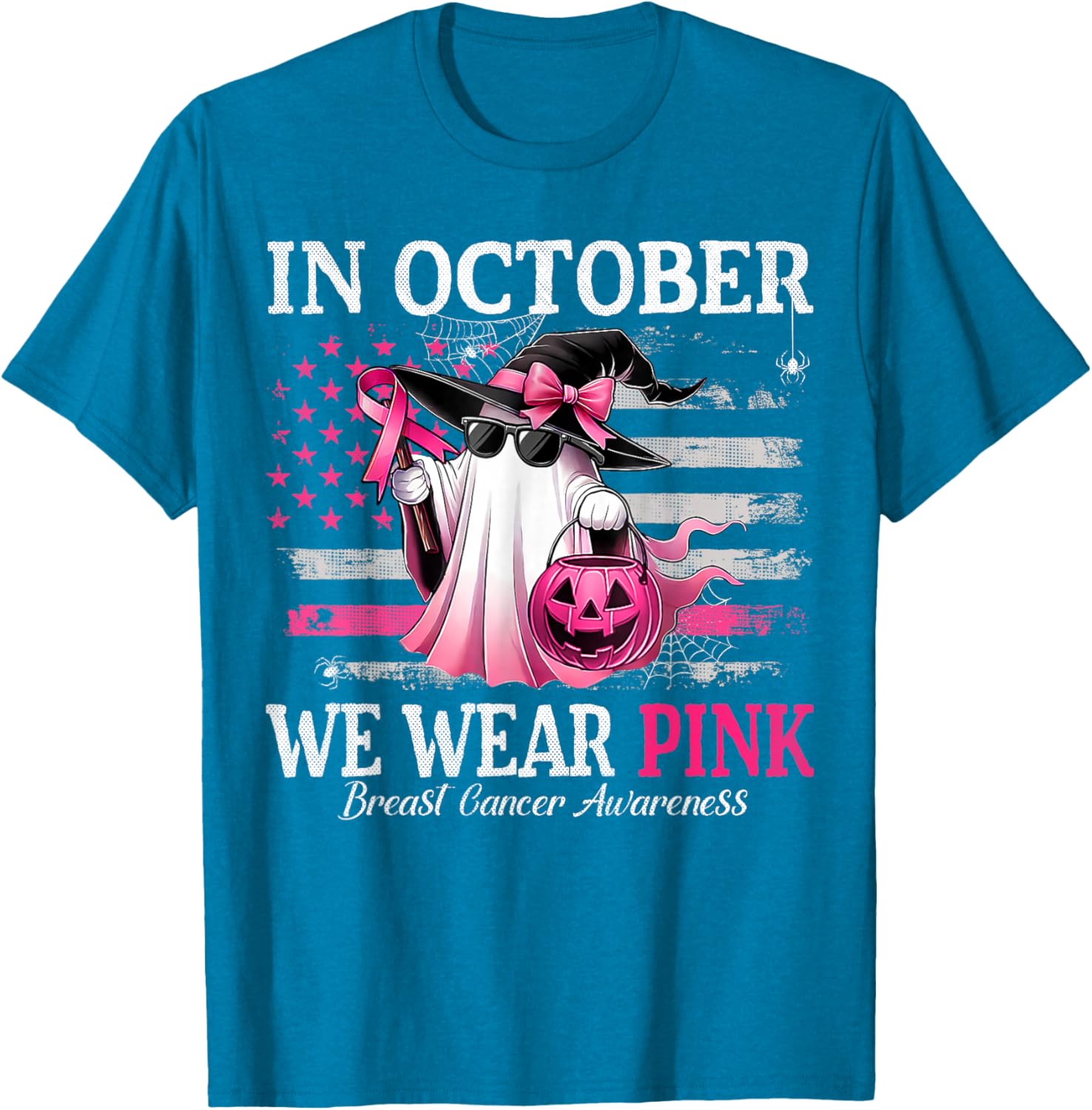 October Breast Cancer Awareness T-Shirt with Pink Ghost Witch Design - 7