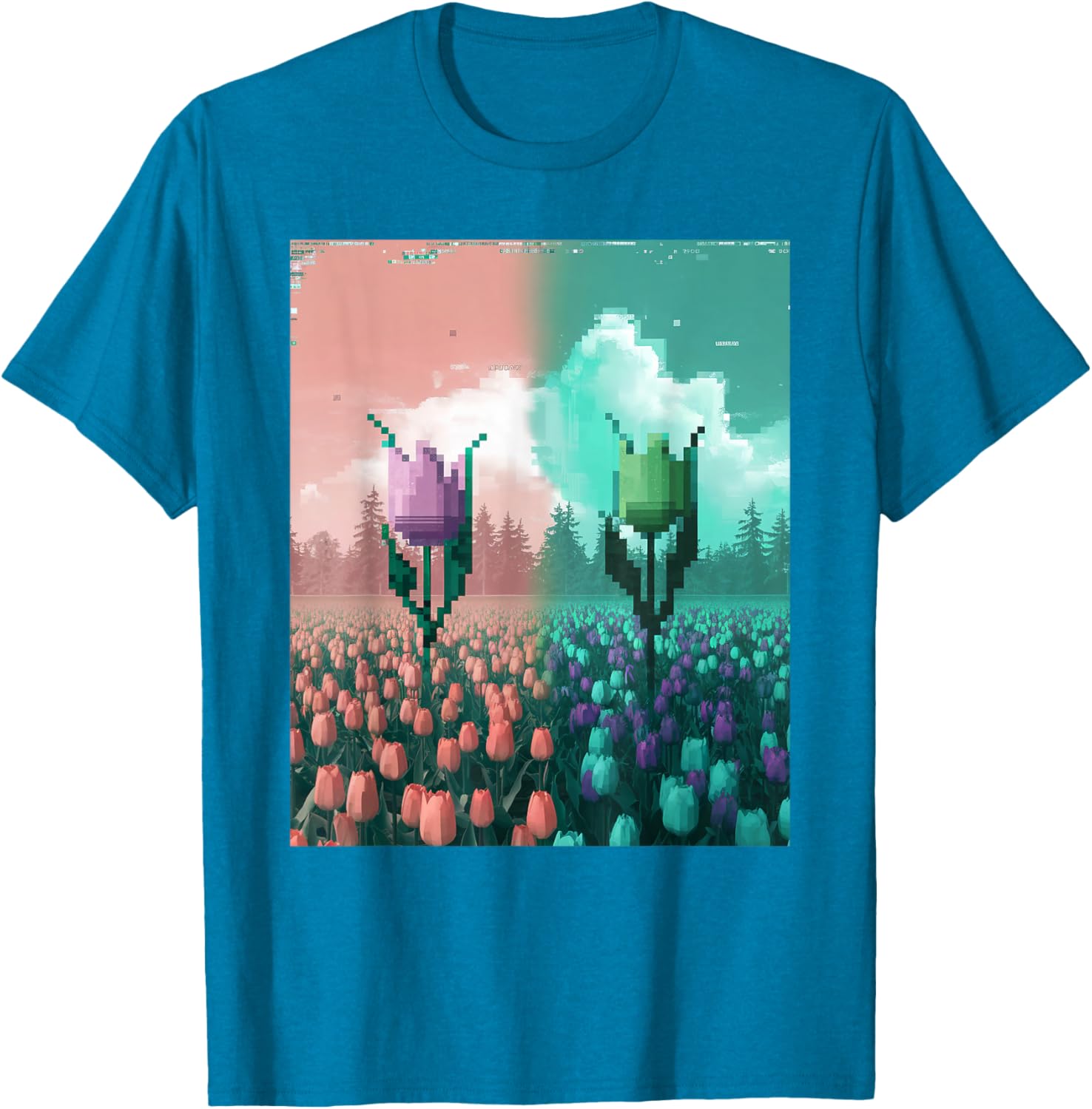 Pixel Tulip Retro Glitch Art T-Shirt for a Vibrant Easter Spring Look - 7