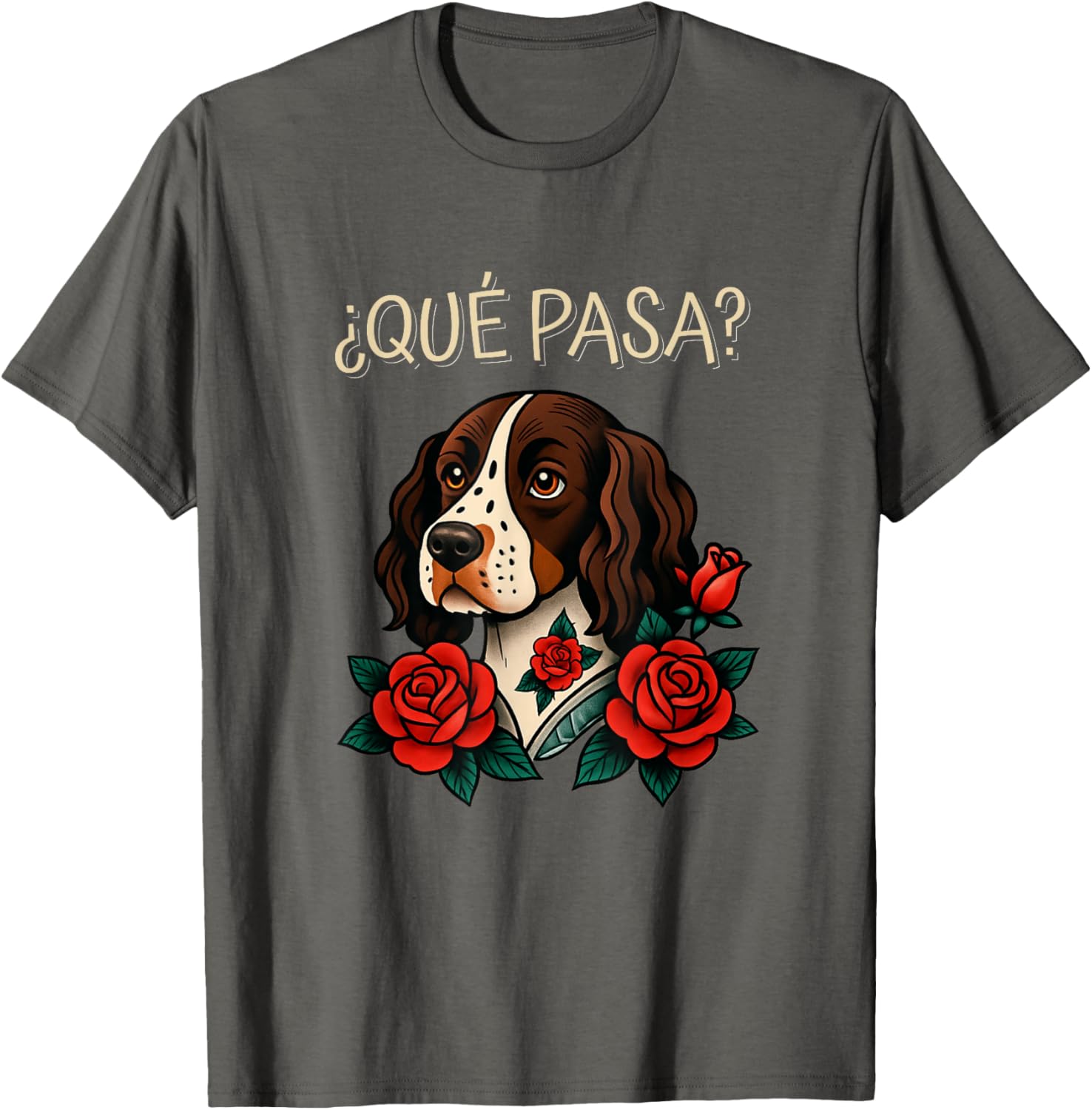 Que Pasa English Springer Spaniel Roses Tattoo Style T-Shirt for Dog Lovers - 2