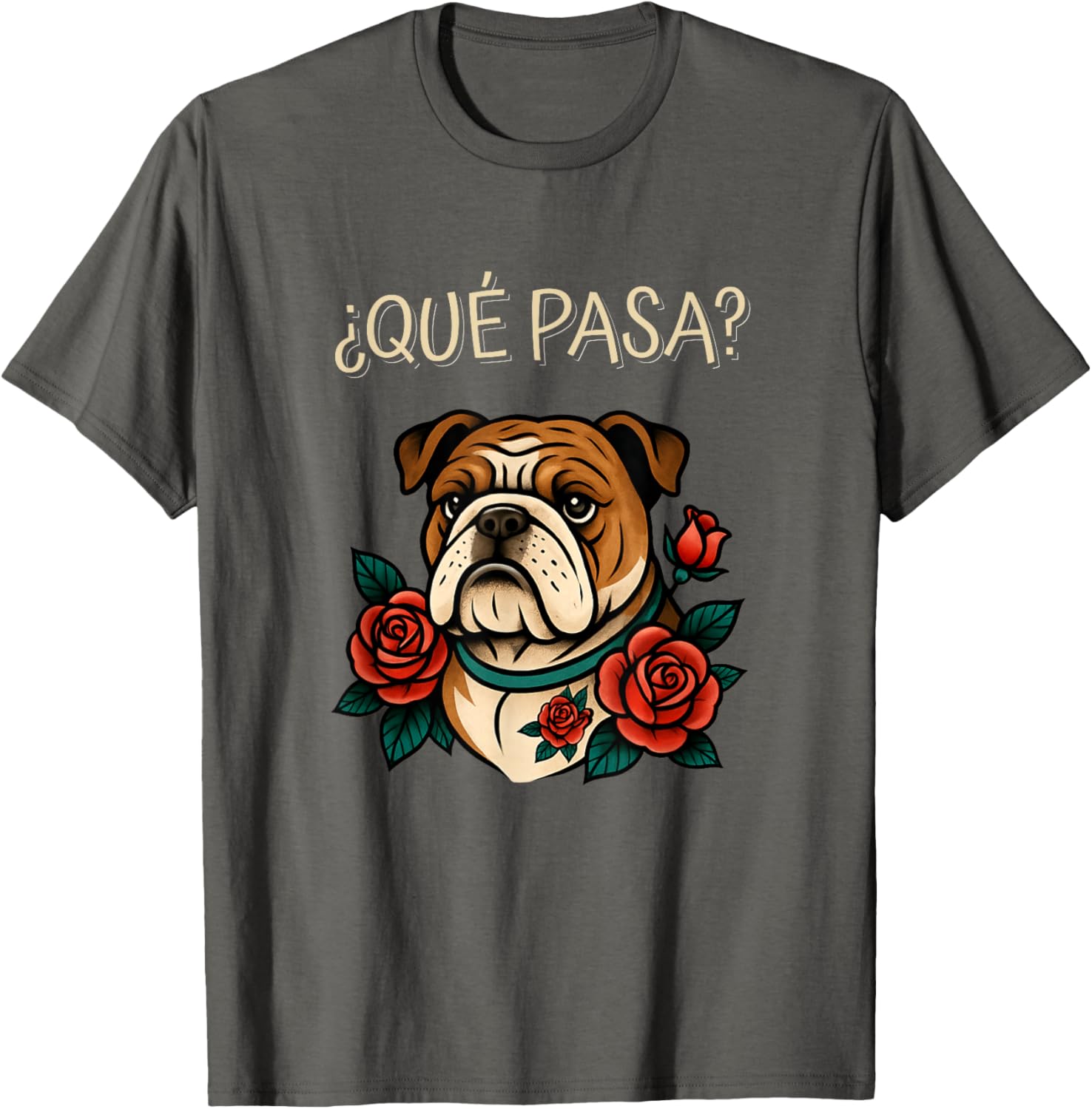 Que Pasa English Bulldog Roses Tattoo Style T-Shirt for Dog Lovers - 1