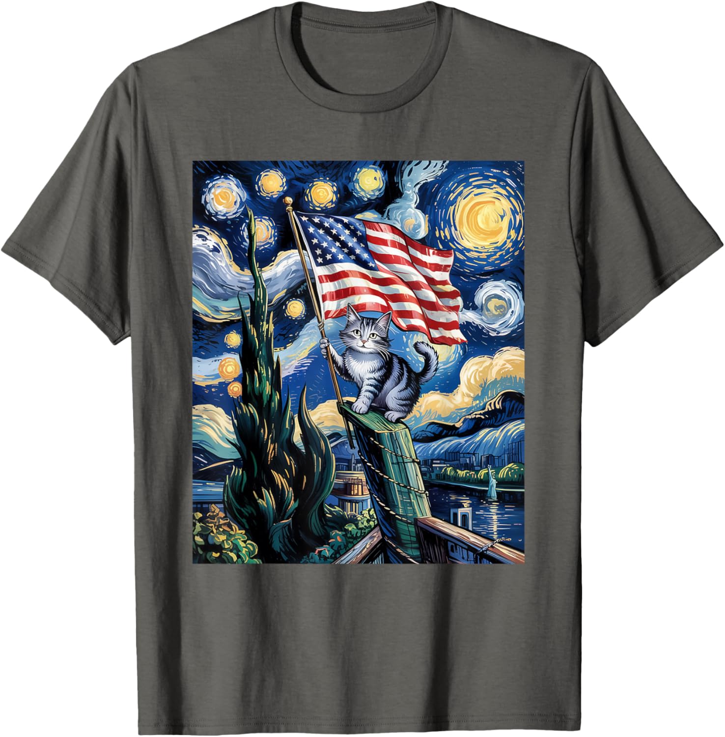 Starry Night Patriotic Cat T-Shirt for 4th of July Celebrate in Style - 10