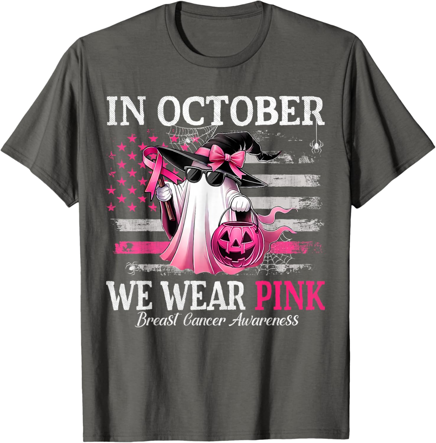 October Breast Cancer Awareness T-Shirt with Pink Ghost Witch Design - 15
