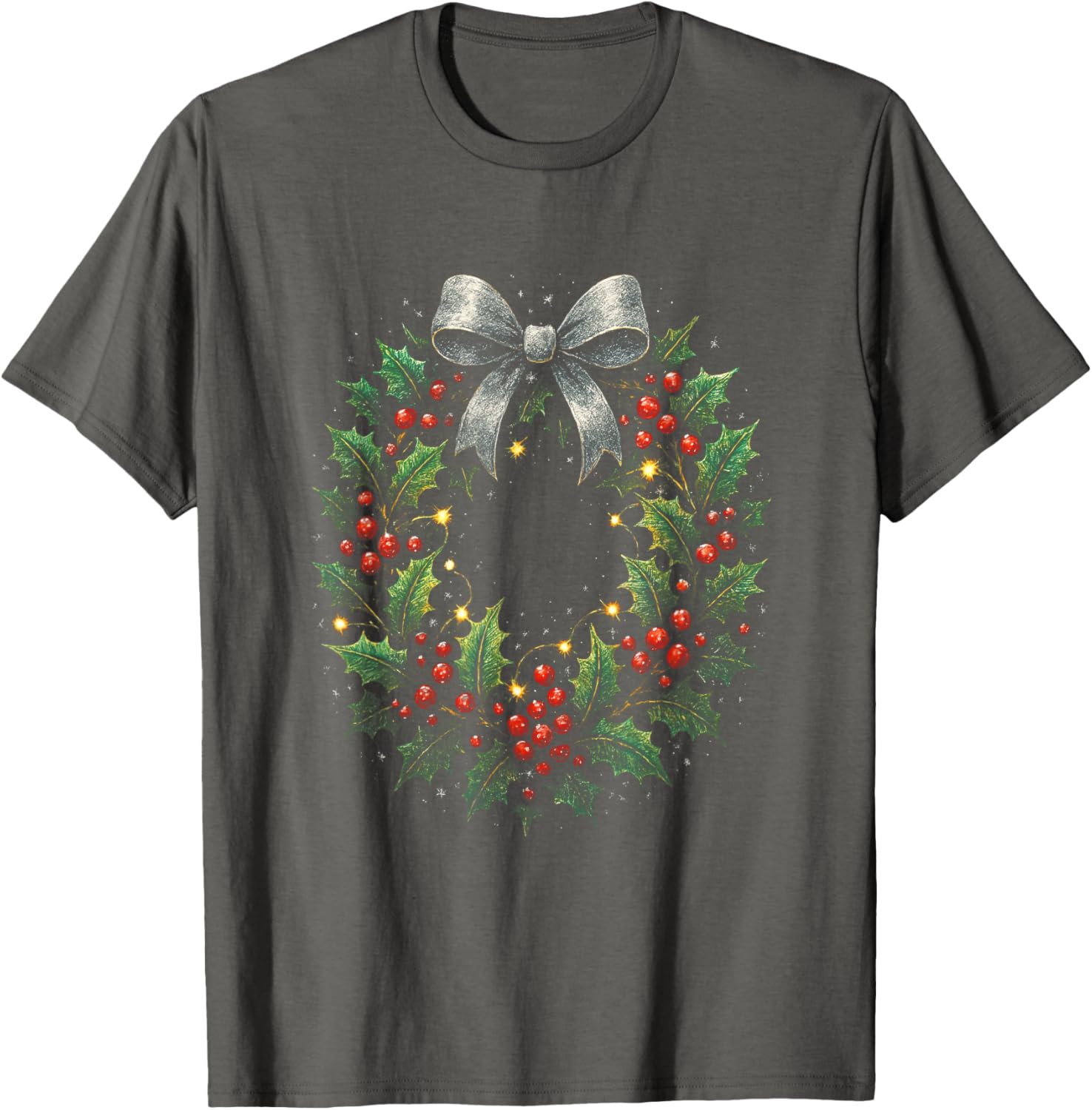 Festive Christmas Wreath T-Shirt with Berries and Lights for Holiday Cheer - 4