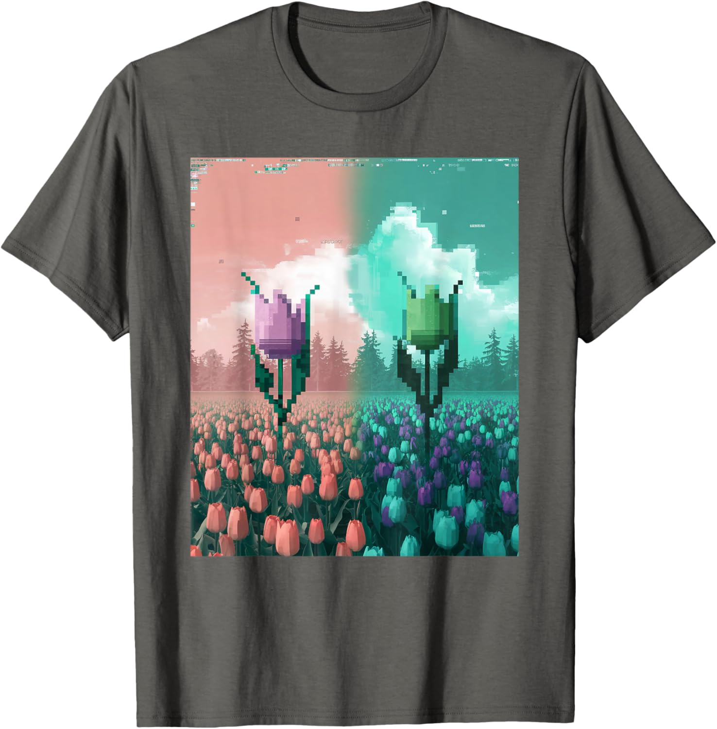 Pixel Tulip Retro Glitch Art T-Shirt for a Vibrant Easter Spring Look - 2