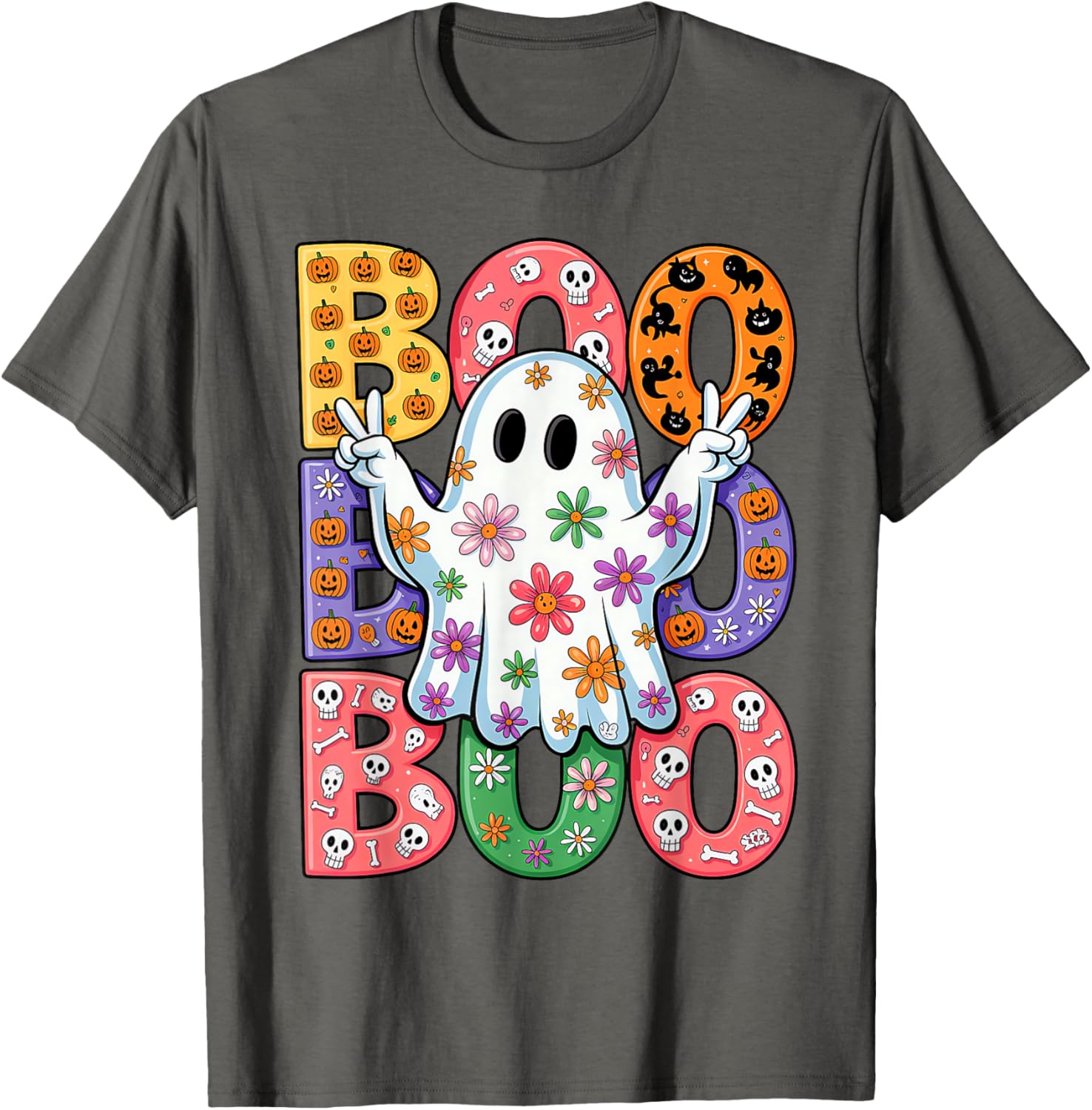 Cute Ghost Floral Halloween T-Shirt for Kids - Spooky Season Fun - 2