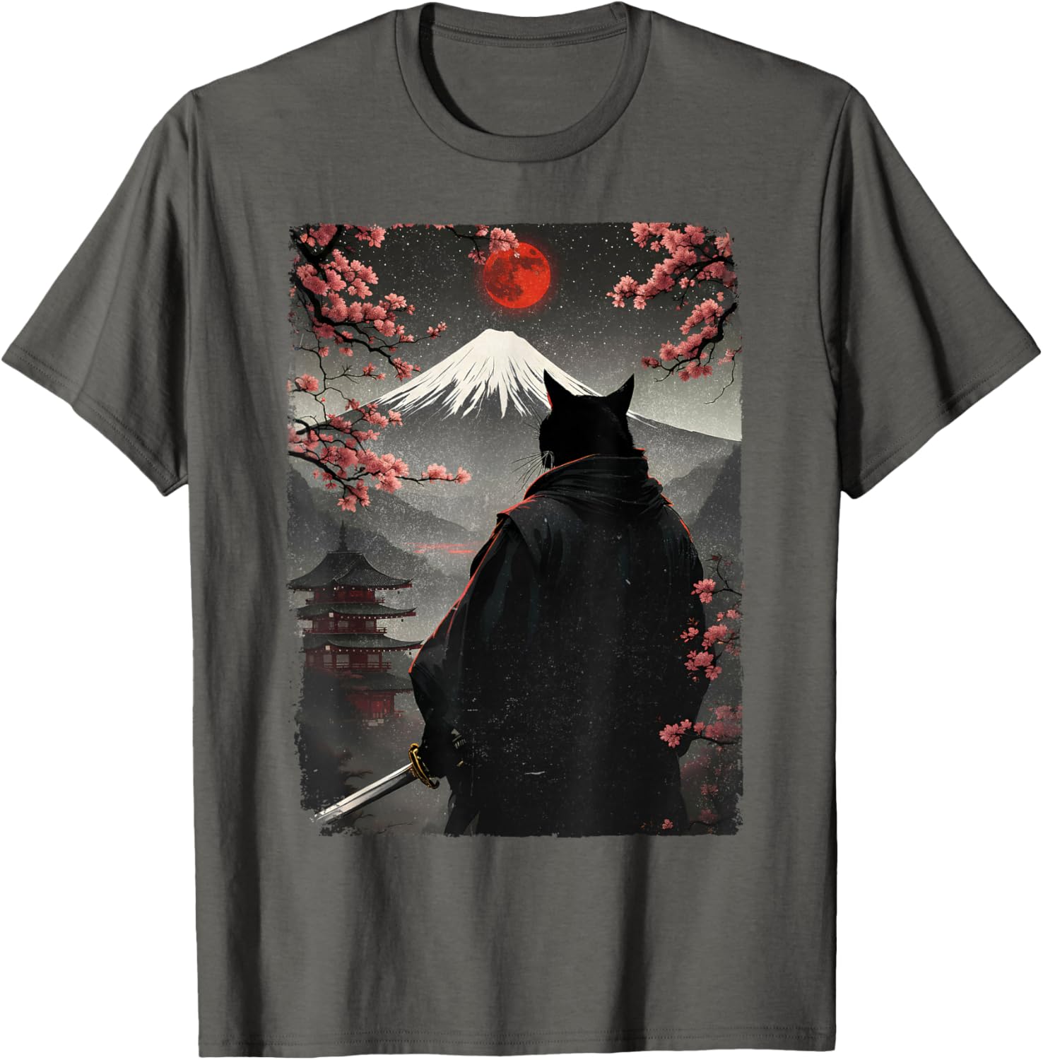Samurai Cat Warrior Graphic T-Shirt with Blood Moon and Mount Fuji Design - 7
