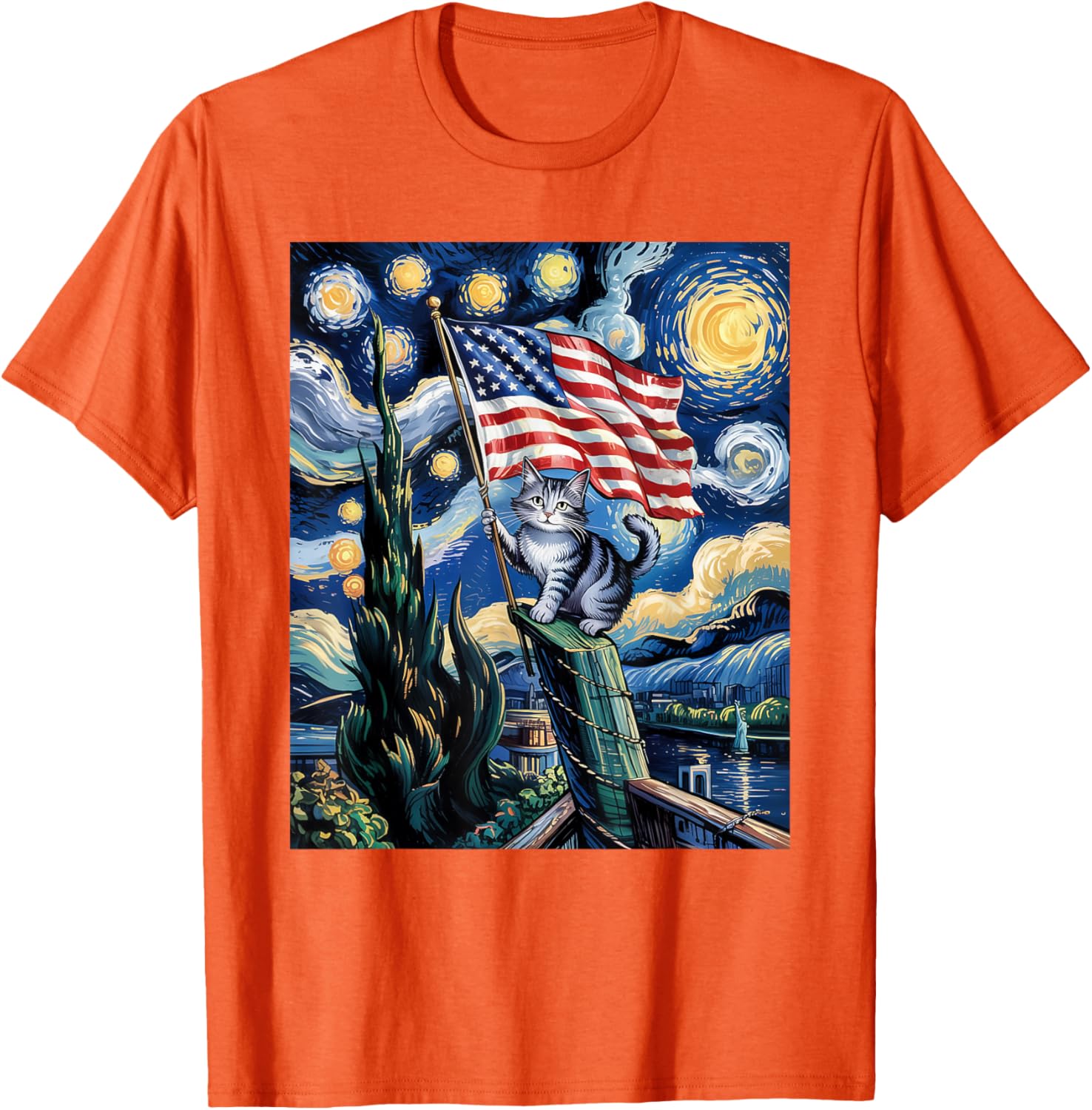 Starry Night Patriotic Cat T-Shirt for 4th of July Celebrate in Style - 26